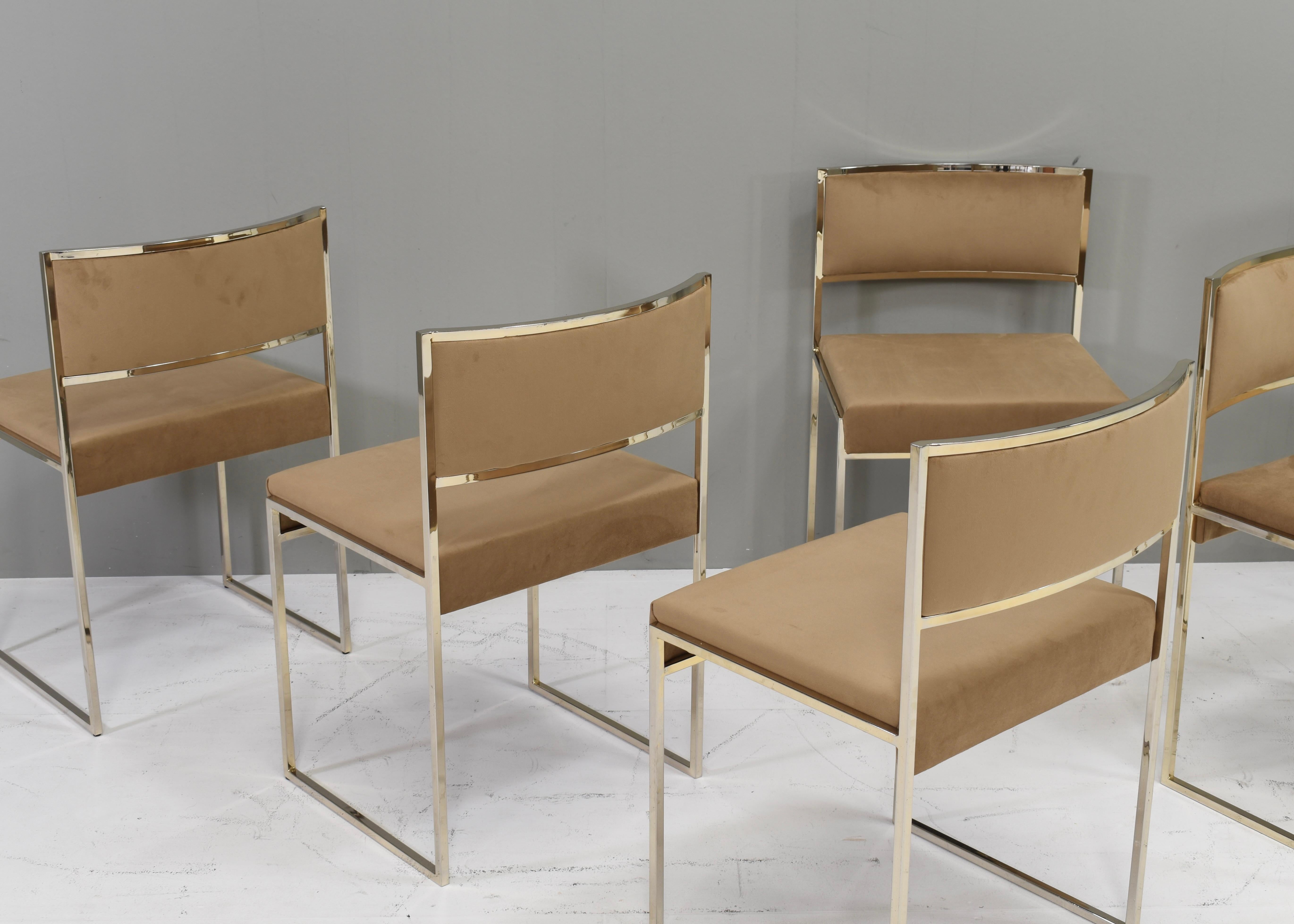 6x Willy Rizzo dining chairs Gold-plated New Velvet, Italy, 1970s 12