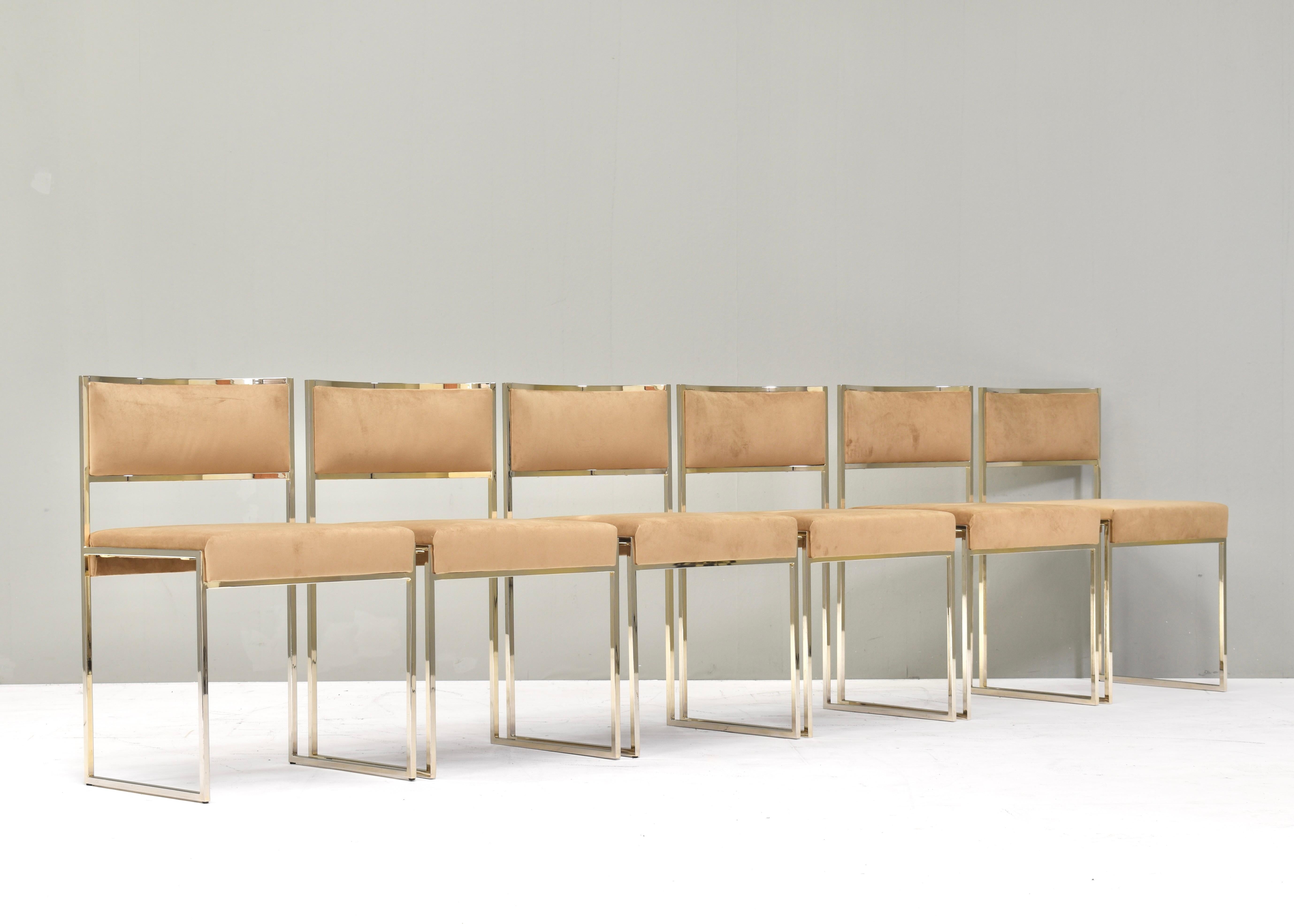 Exclusive set of 6 gold-plated dining chairs by Willy Rizzo, Italy, circa 1970. 
Recently imported from Milan.
Amazing set in Hollywood regency Great Gatsby style.

Designer: attributed Willy Rizzo
Country: Italy
Model: dining chairs
Design