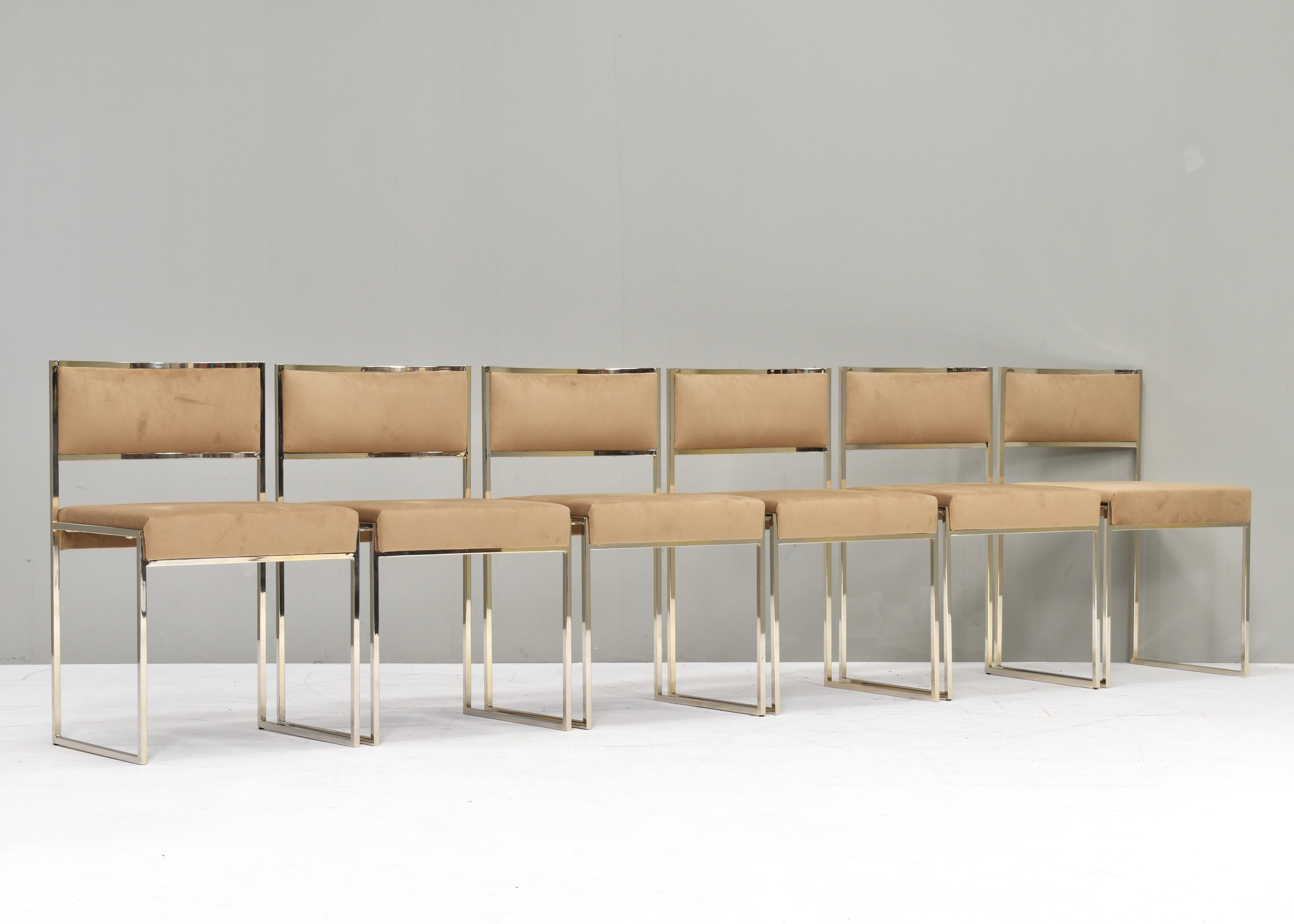 Mid-Century Modern 6x Willy Rizzo dining chairs Gold-plated New Velvet, Italy, 1970s