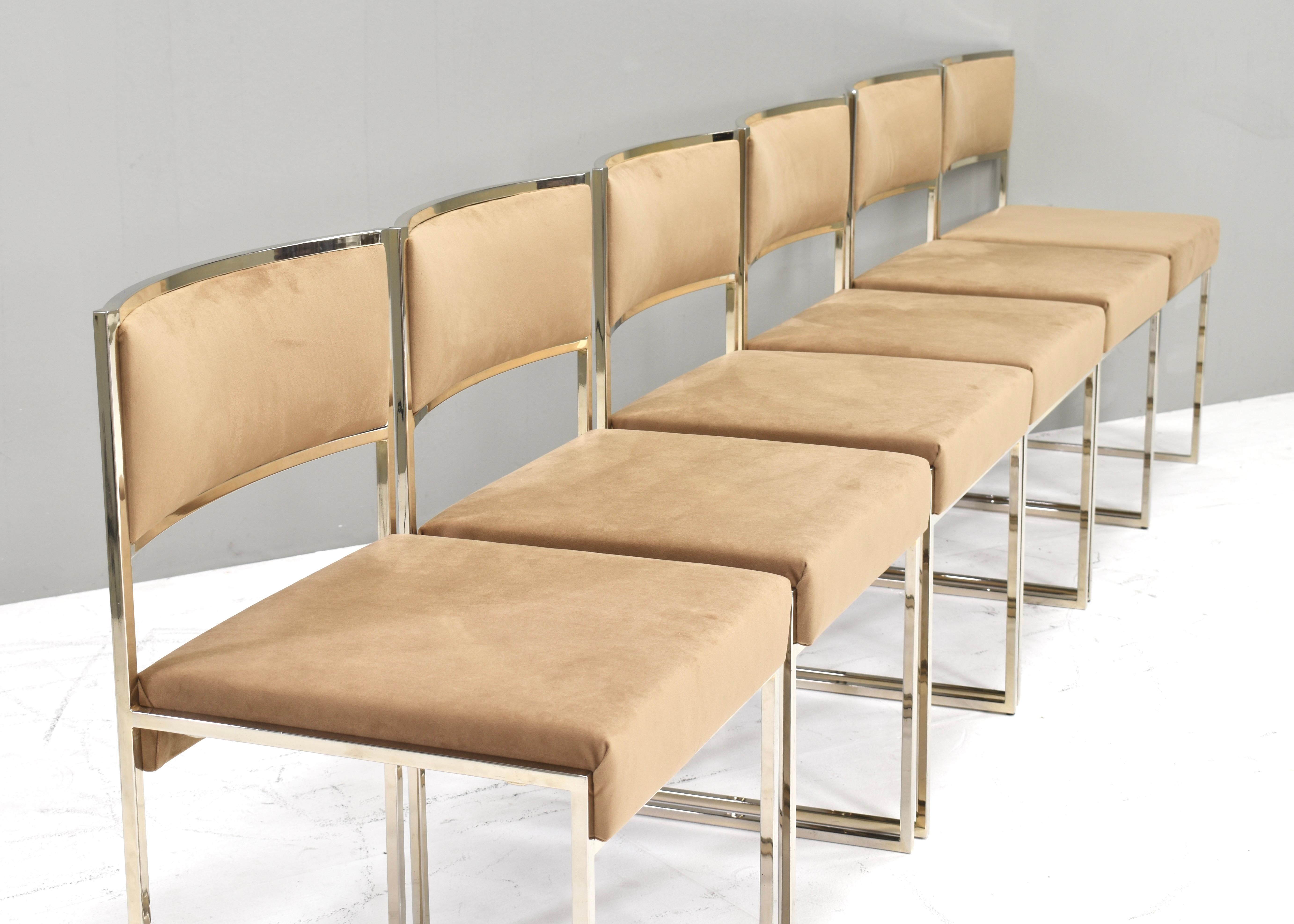 6x Willy Rizzo dining chairs Gold-plated New Velvet, Italy, 1970s In Good Condition In Pijnacker, Zuid-Holland