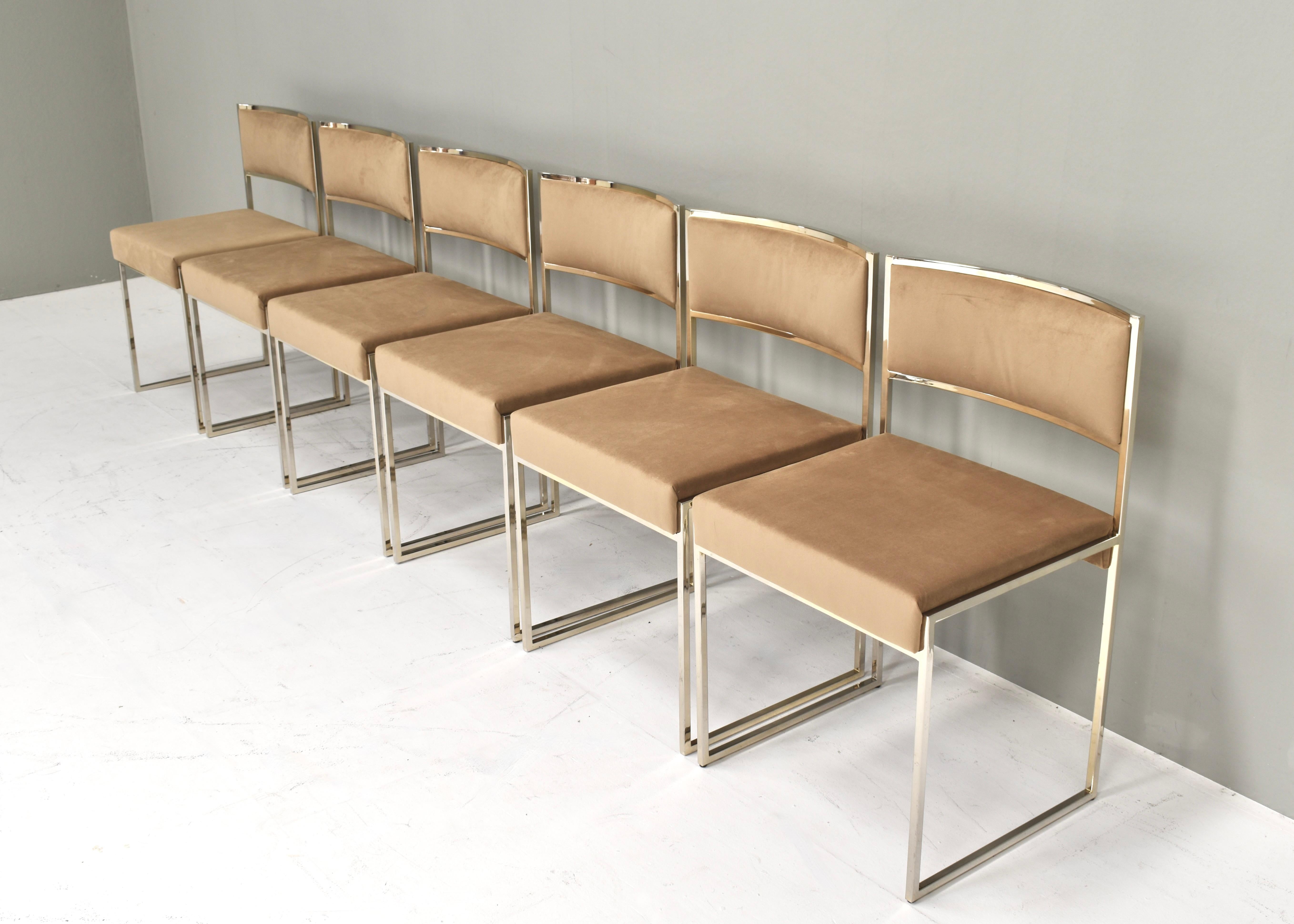 Late 20th Century 6x Willy Rizzo dining chairs Gold-plated New Velvet, Italy, 1970s