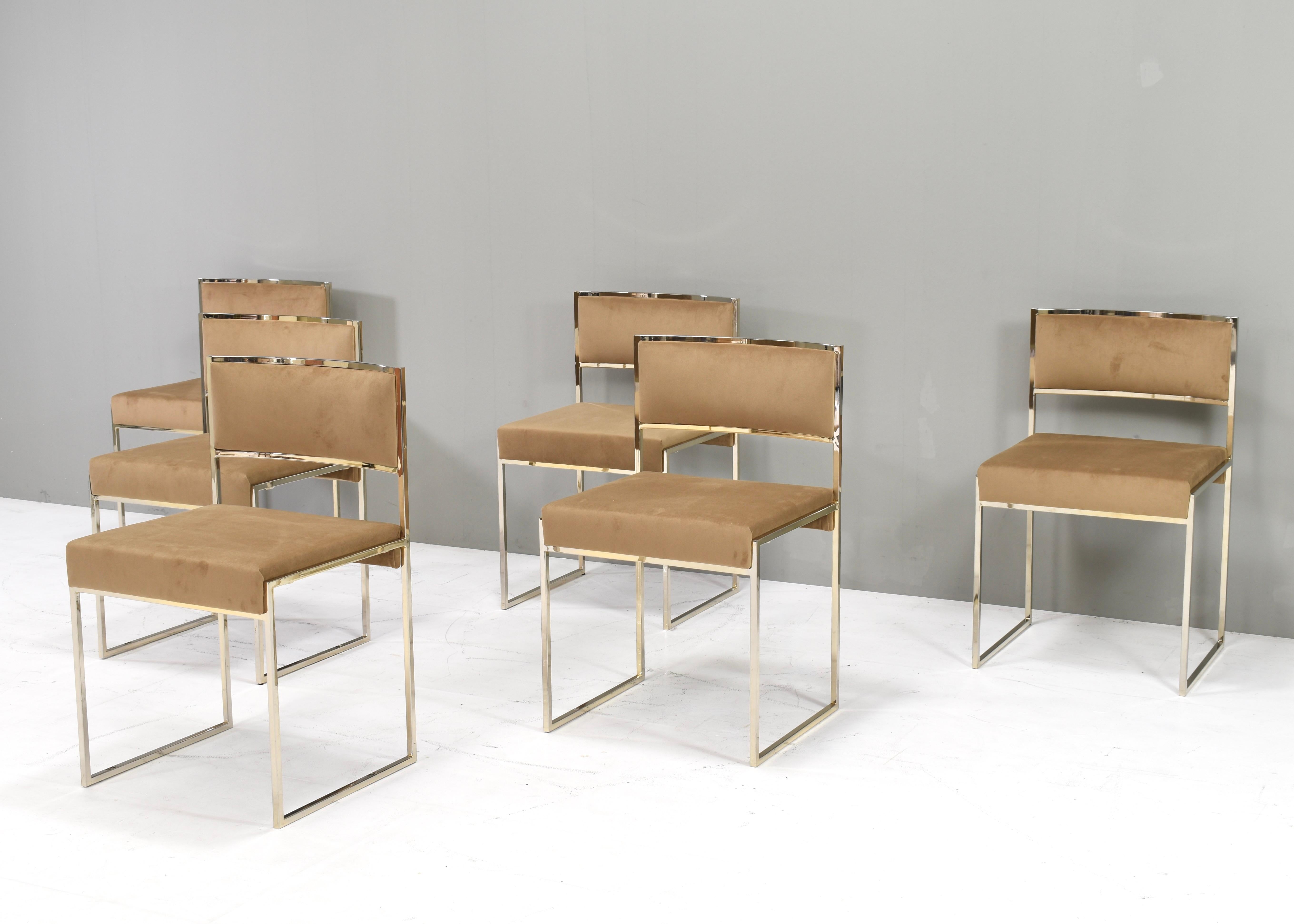 6x Willy Rizzo dining chairs Gold-plated New Velvet, Italy, 1970s 1