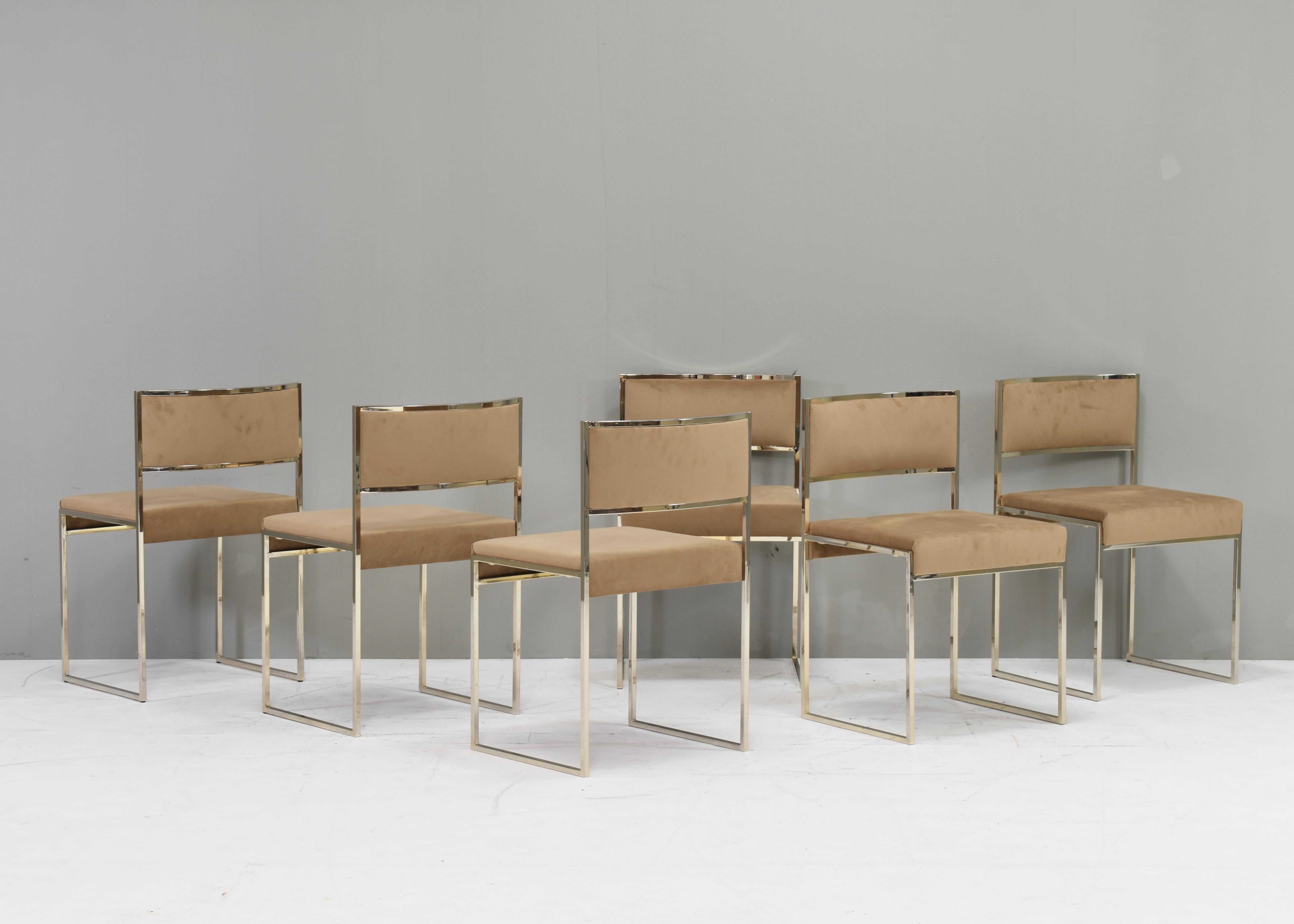 6x Willy Rizzo dining chairs Gold-plated New Velvet, Italy, 1970s 2