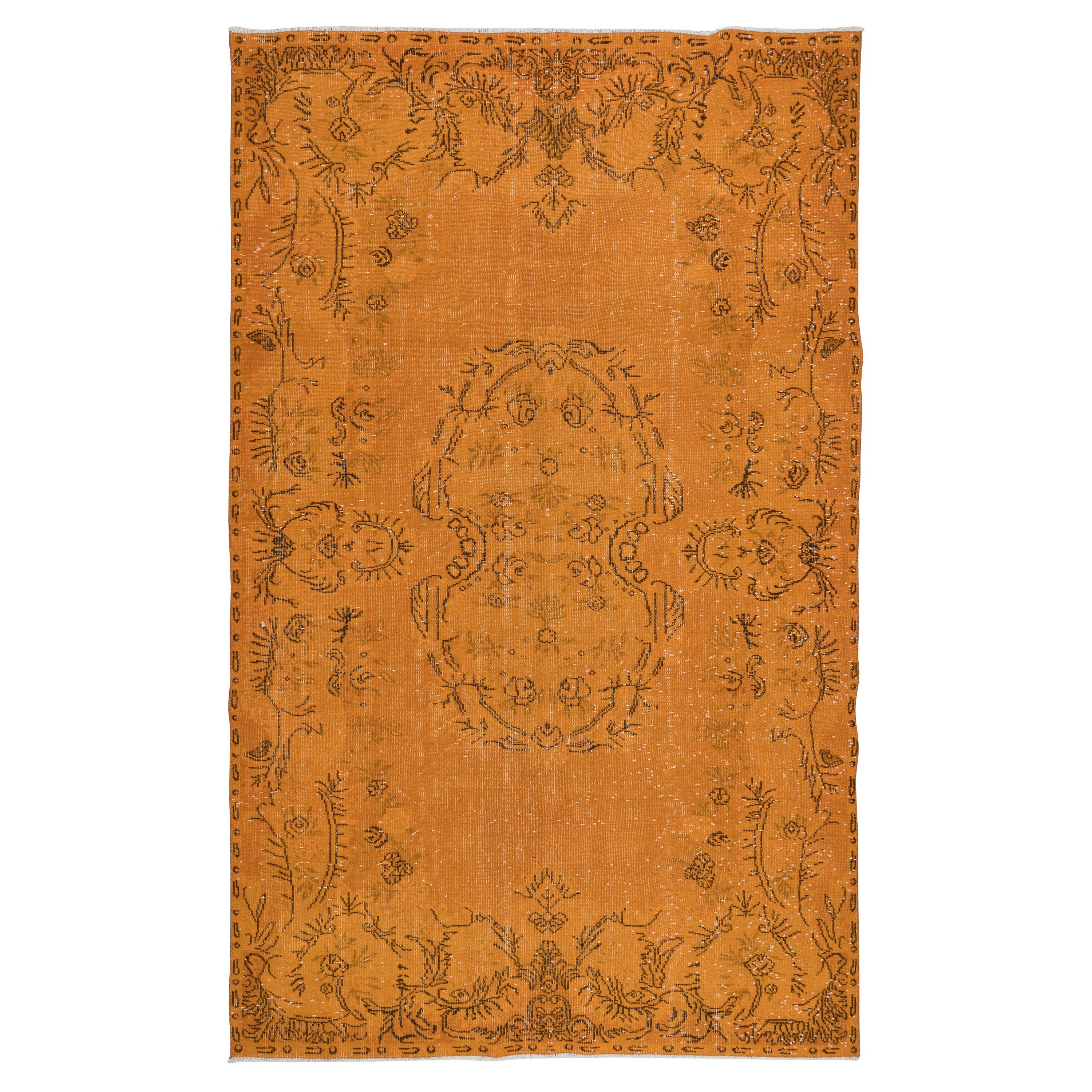 Tappeto arancione 6x10 Ft di ispirazione Aubusson per interni moderni, fatto a mano in Turchia