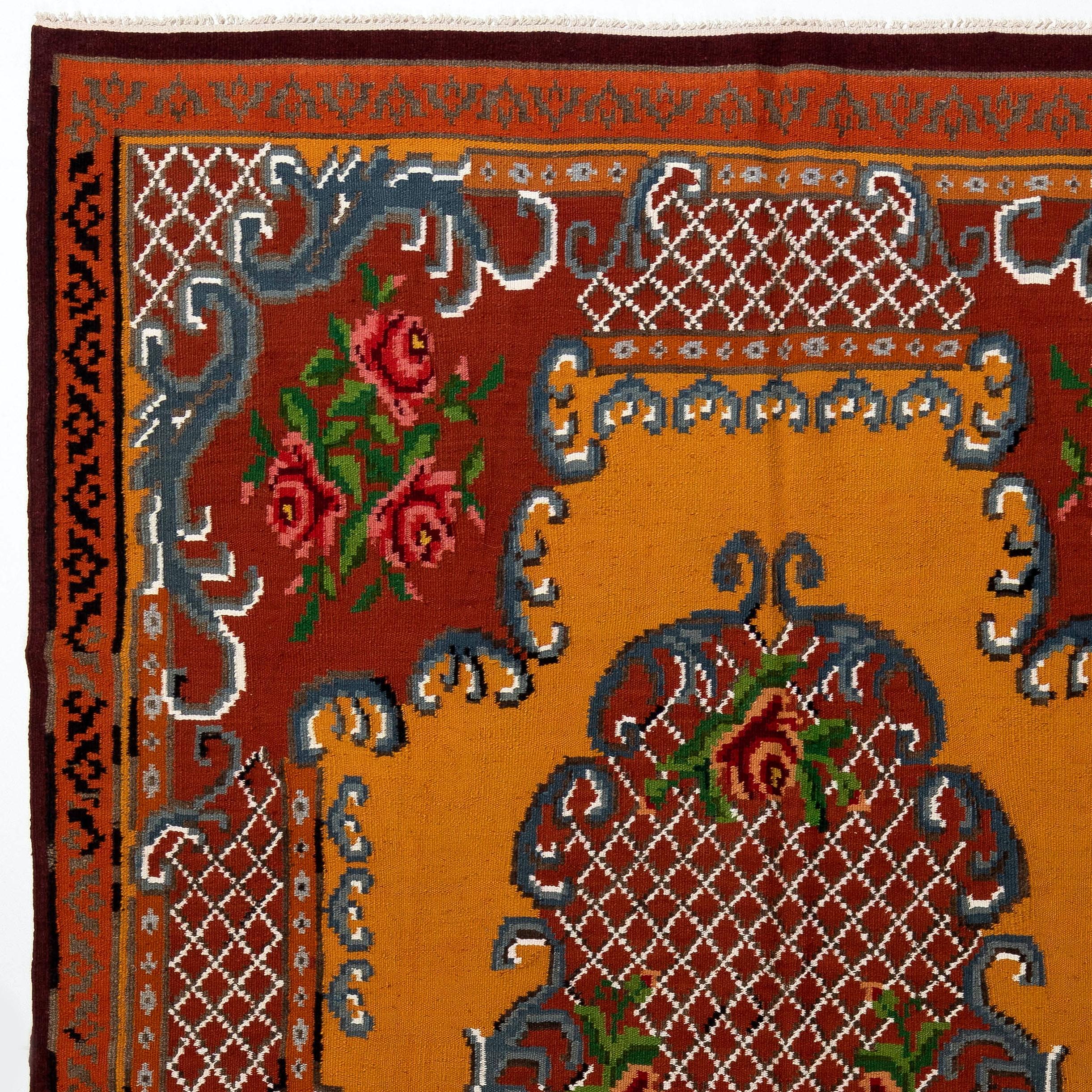 One of a kind vintage Bessarabian Kilim. 
A handwoven Eastern European rug from Moldova. These traditional Moldovan flat-weaves are inspired from vintage Aubusson carpets but they are distinguished with their black grounds, large floral patterns in