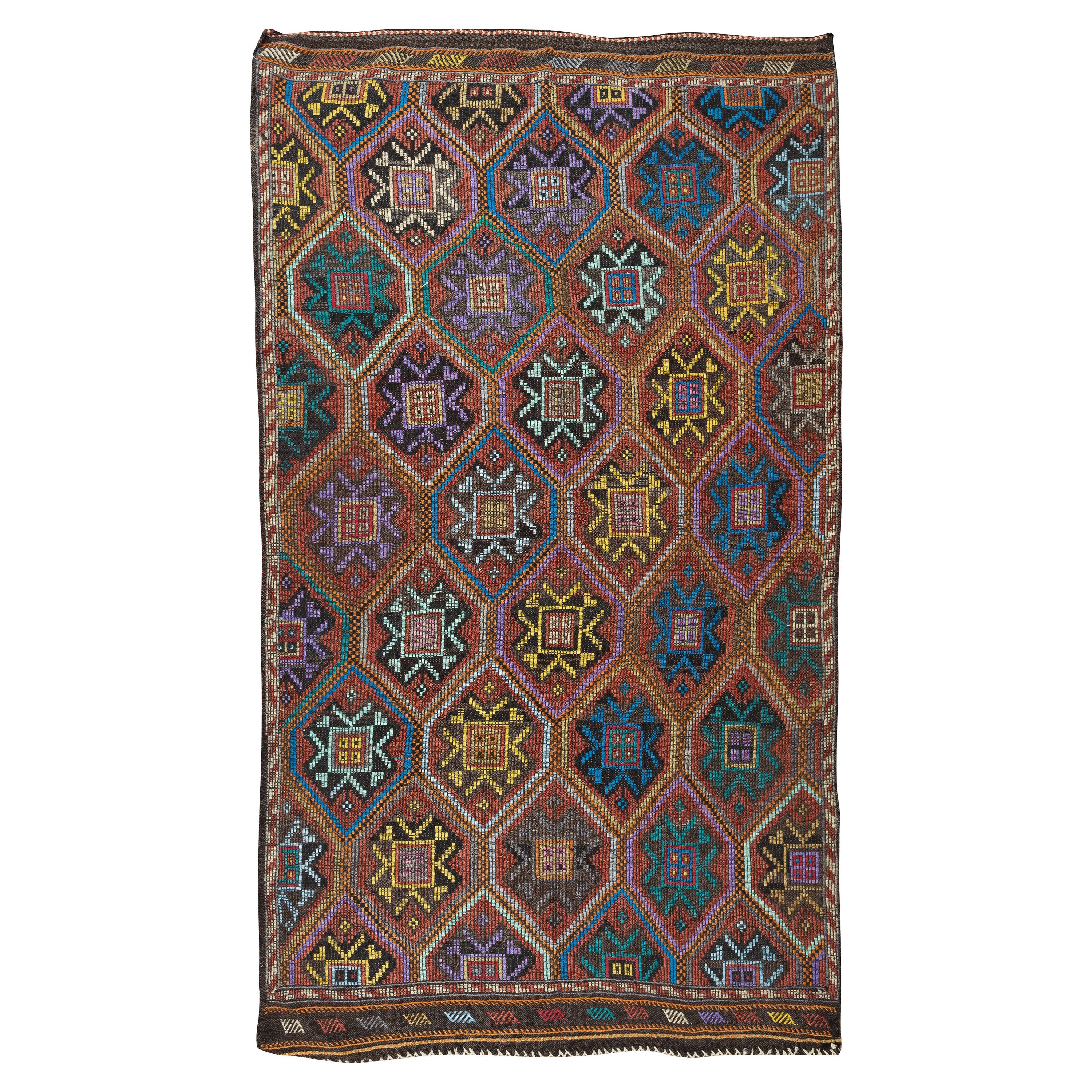 6x10 ft farbenfroher handgefertigter türkischer Jajim-Kelim-Teppich, einzigartig bestickter Teppich, 100 % Wolle im Angebot