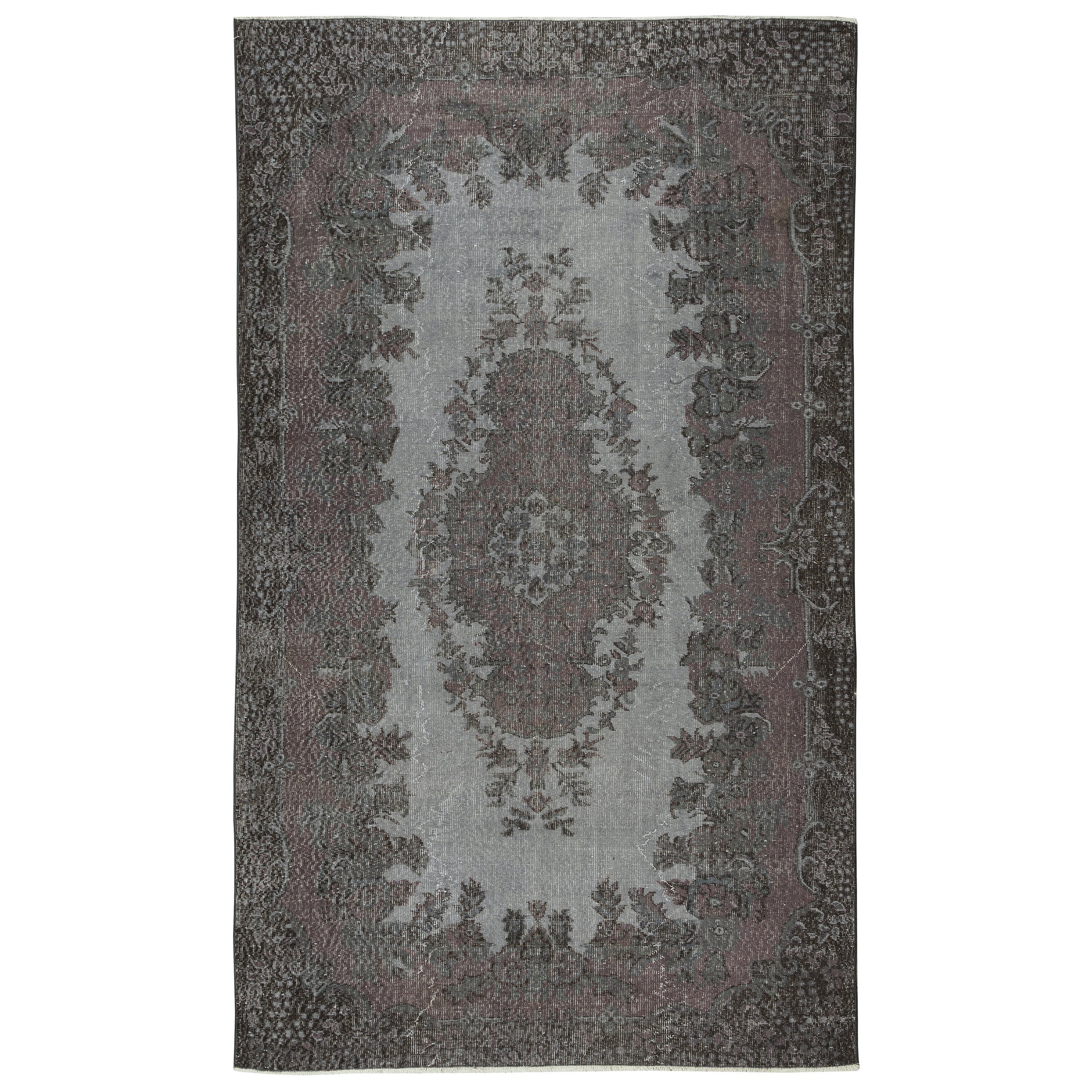 Tapis décoratif en laine de 6x10 pieds, gris et noir, fait à la main en Turquie en vente