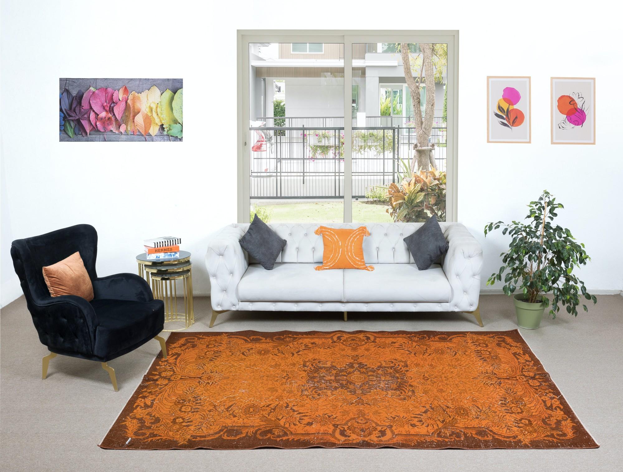 6x10 Ft Moderner handgefertigter Teppich in Orange, türkischer Vintage-Teppich, Bodenbezug im Zustand „Gut“ im Angebot in Philadelphia, PA
