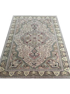 6x10 Hand Knotted Ivory and Green Old Turkish Kayseri Area Rug