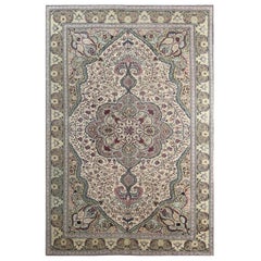 6x10 Handgeknüpfter elfenbeinfarbener und grüner alttürkischer Kayseri-Teppich