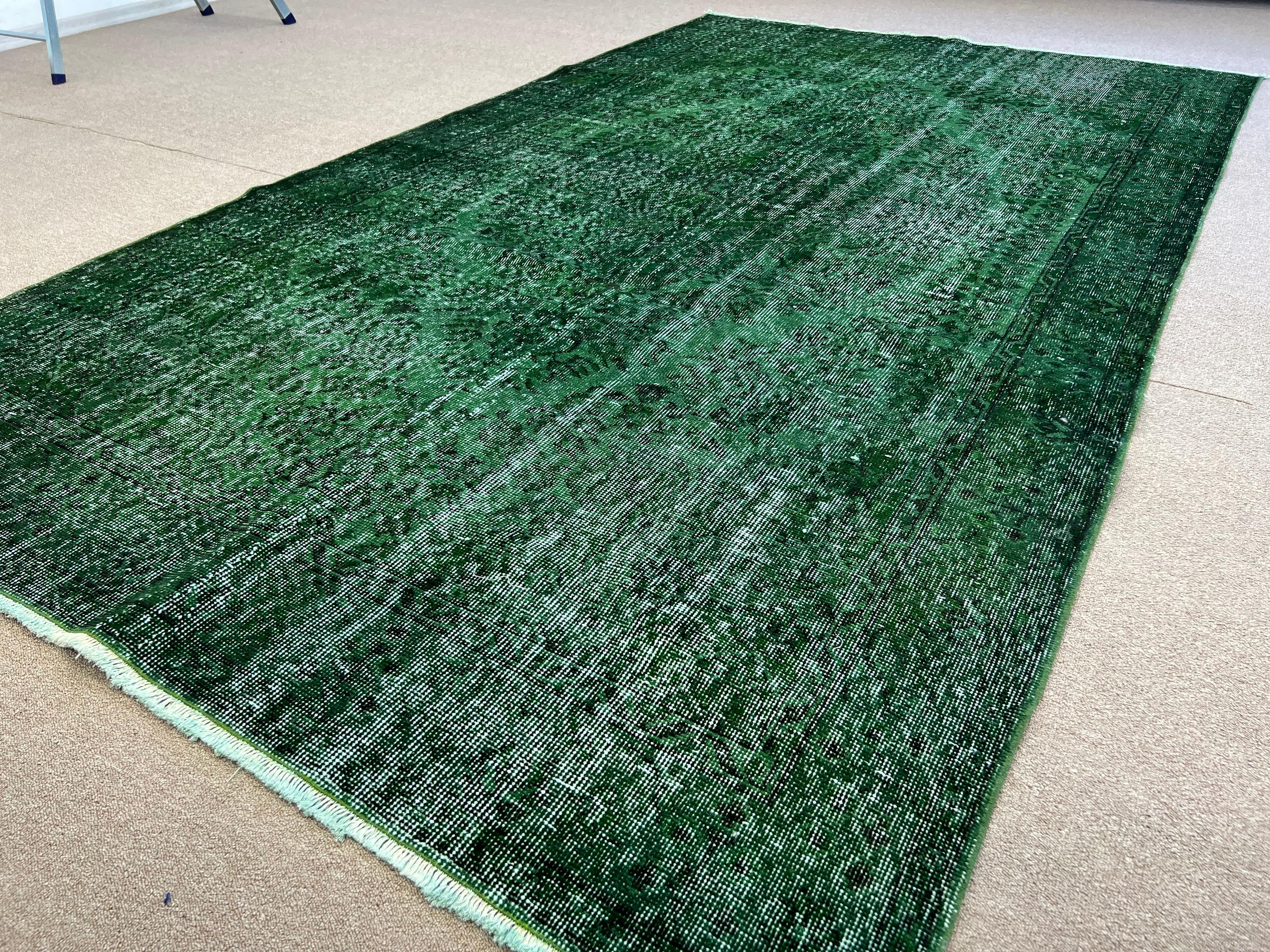 6x10.2 Ft Hand-Knotted Vintage Turkish Rug 4 Modern Interiors Over-Dyed in Green For Sale 4