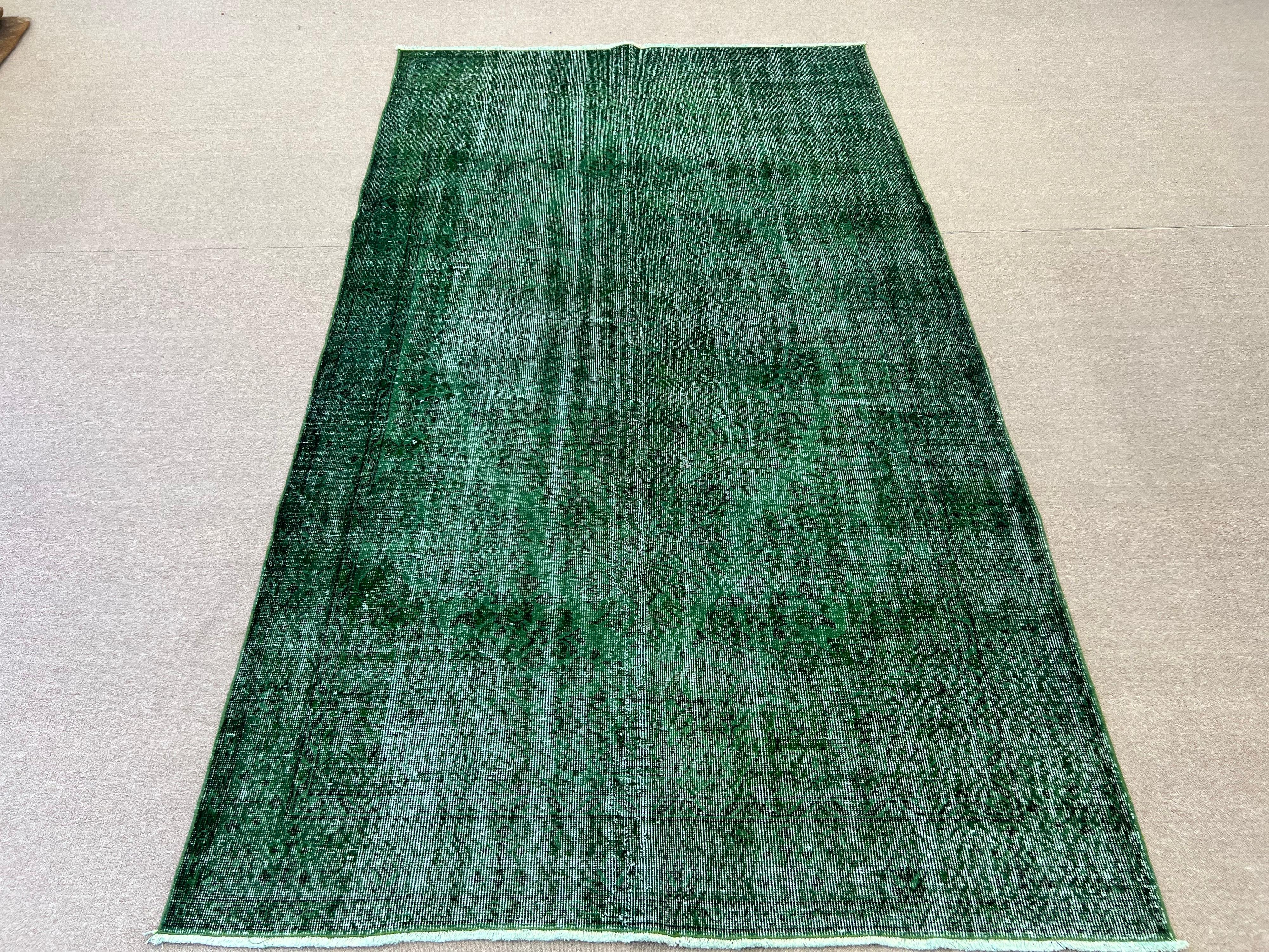6x10.2 Ft Hand-Knotted Vintage Turkish Rug 4 Modern Interiors Over-Dyed in Green For Sale 5