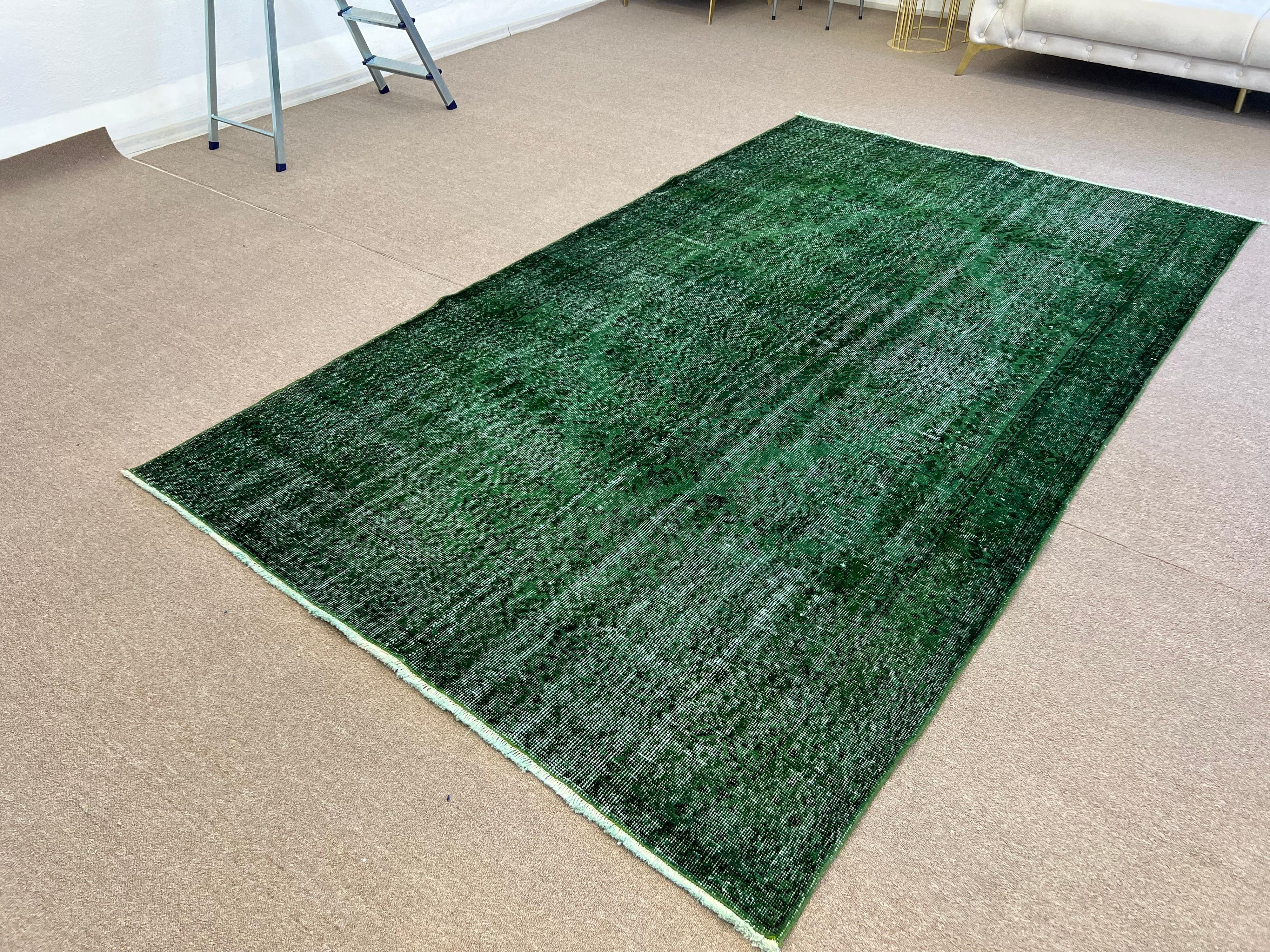 6x10.2 Ft Hand-Knotted Vintage Turkish Rug 4 Modern Interiors Over-Dyed in Green For Sale 1