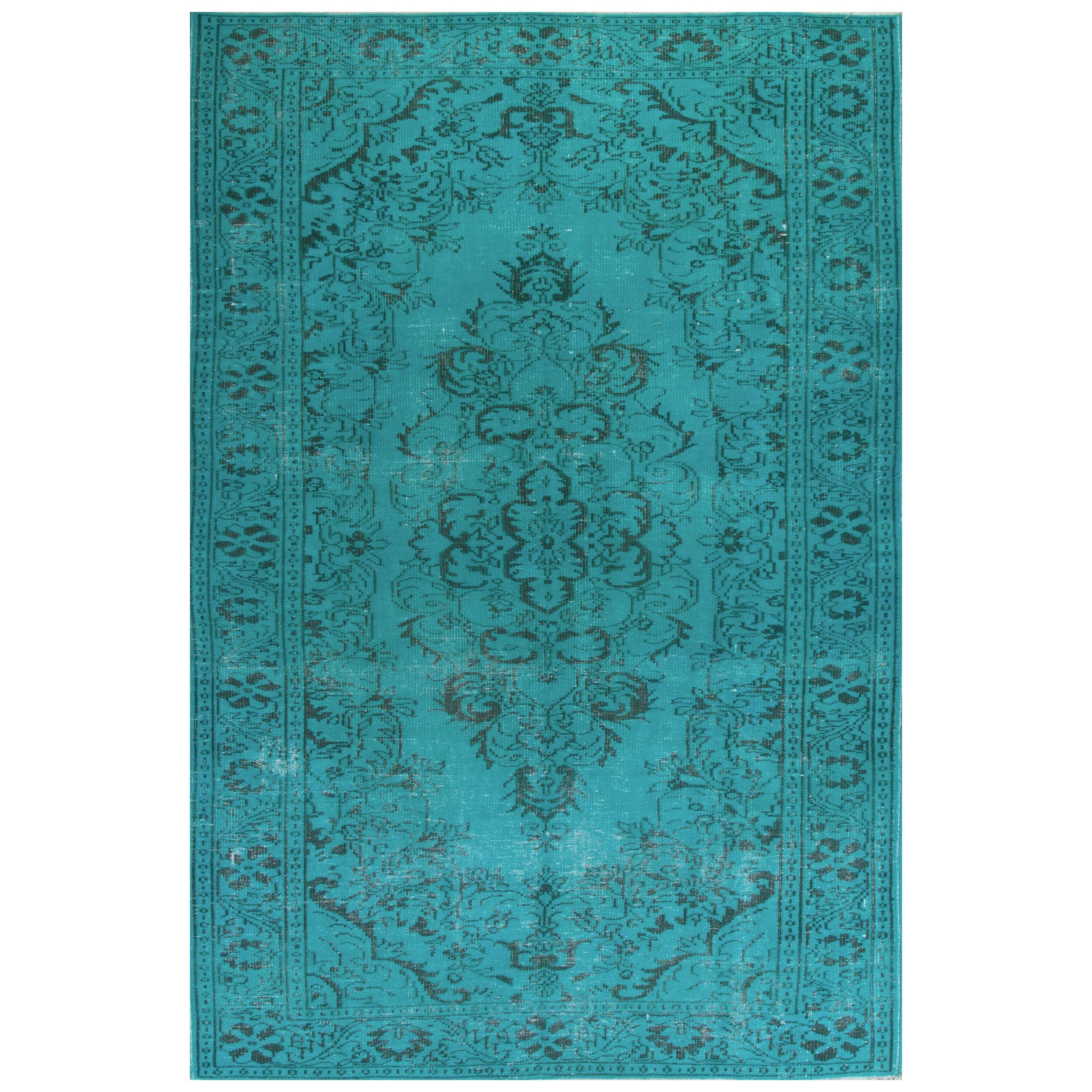 Türkischer handgefertigter Teppich in Aquablau mit Medaillonmuster, 6x10.2 Ft, für moderne Inneneinrichtung
