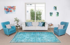 6x10.3 Ft Hand-Knotted Vintage Turkish Rug Over-Dyed in Teal for Modern Interior
