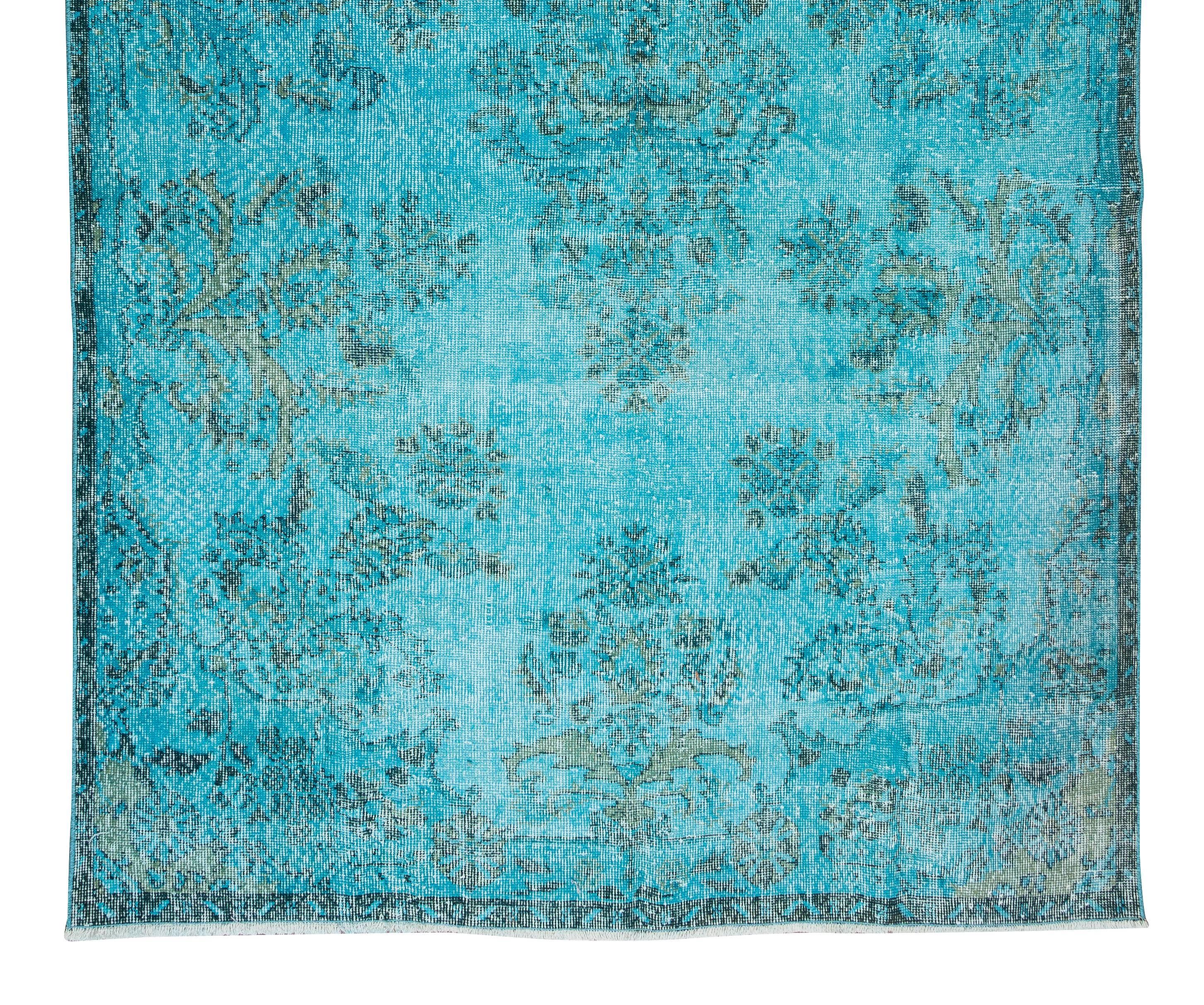 Wool 6x10.3 Ft Hand-Knotted Vintage Turkish Rug Over-Dyed in Teal for Modern Interior For Sale
