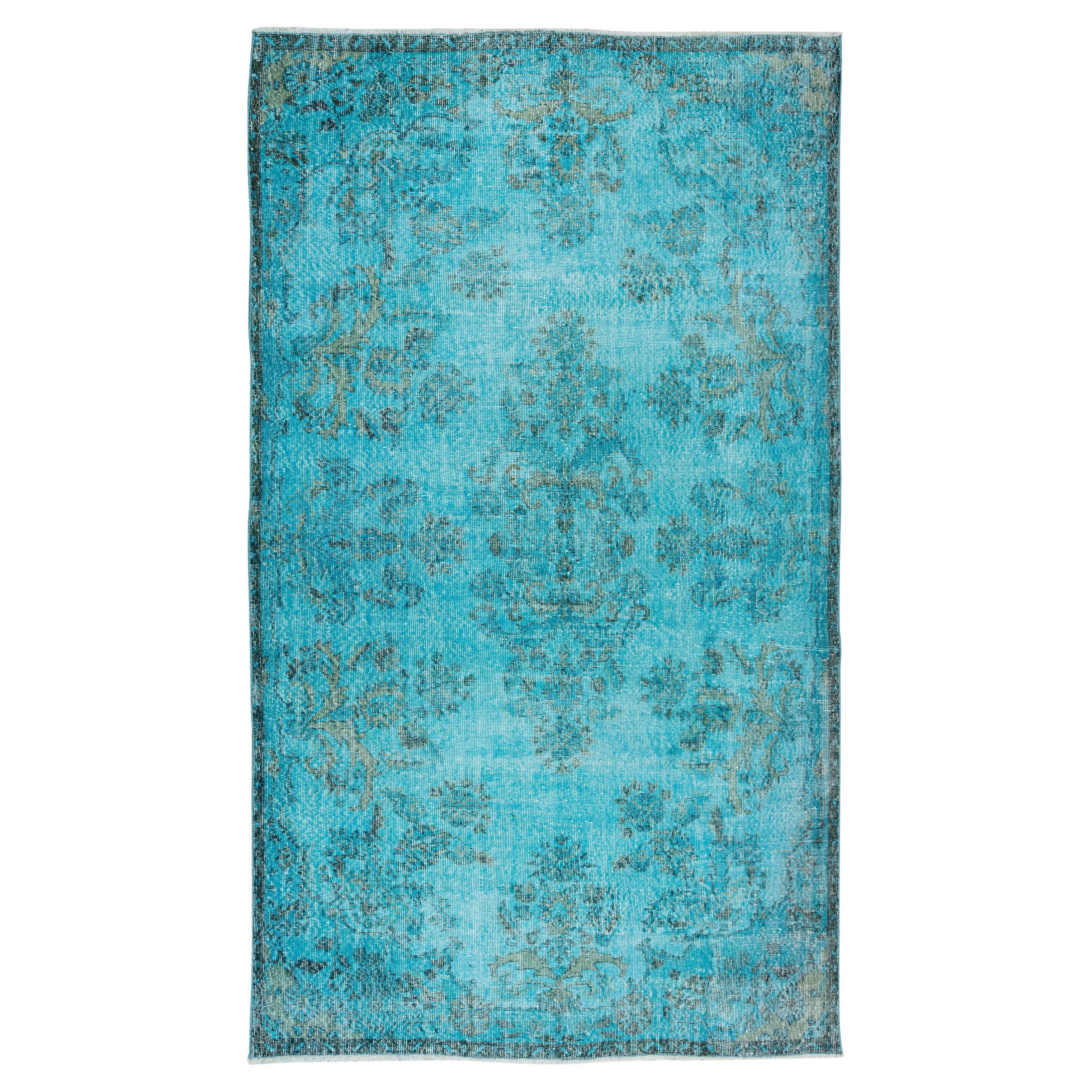 6x10.3 Ft Hand-Knotted Vintage Turkish Rug Over-Dyed in Teal for Modern Interior