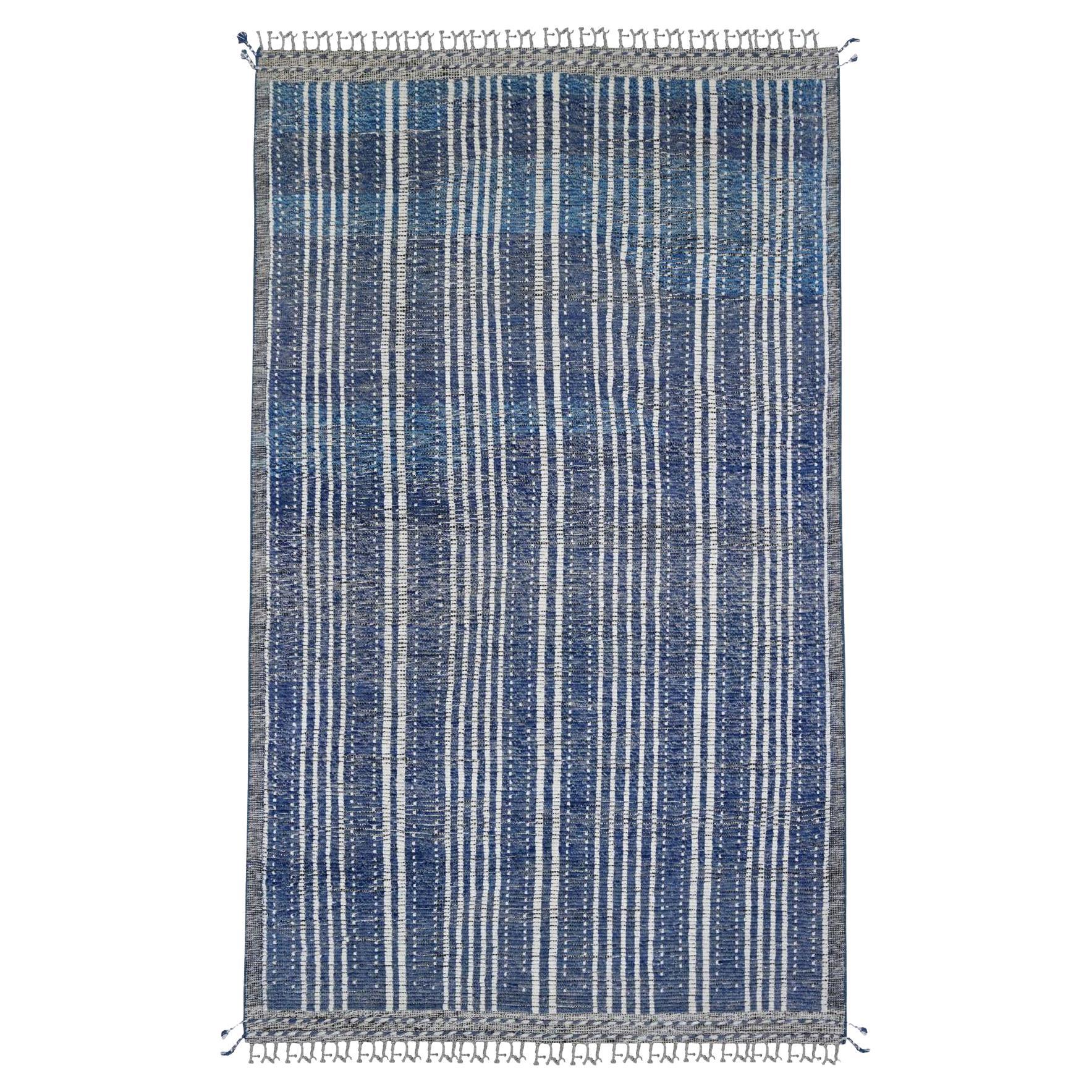 6'x10'4" Aegean Blue Moroccan Weave with Line Design Soft Wool Hand Knotted Rug For Sale