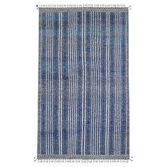 6'x10'4" Aegean Blue Moroccan Weave with Line Design Soft Wool Hand Knotted Rug