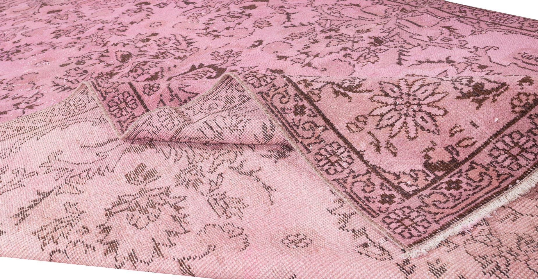 Modern Handmade Anatolian Vintage Wool Rug in Pink with Floral Garden Design For Sale
