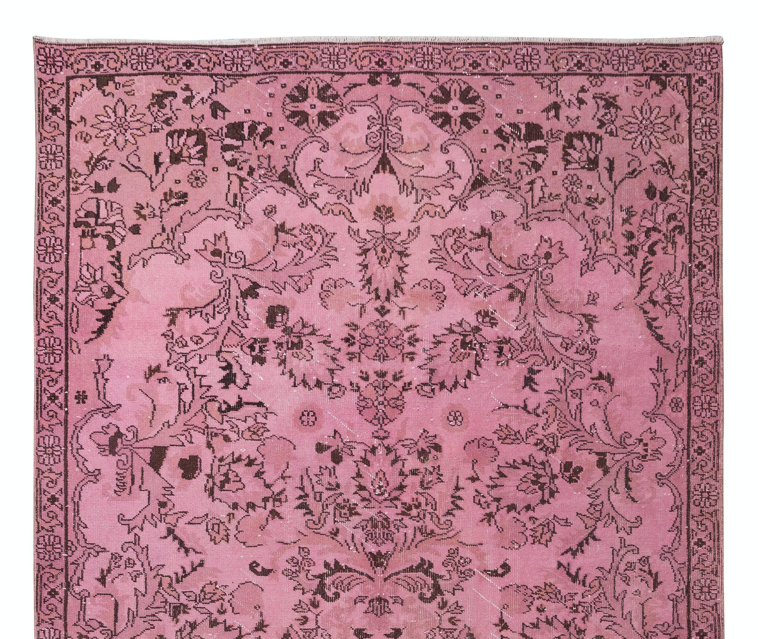 Turkish Handmade Anatolian Vintage Wool Rug in Pink with Floral Garden Design For Sale