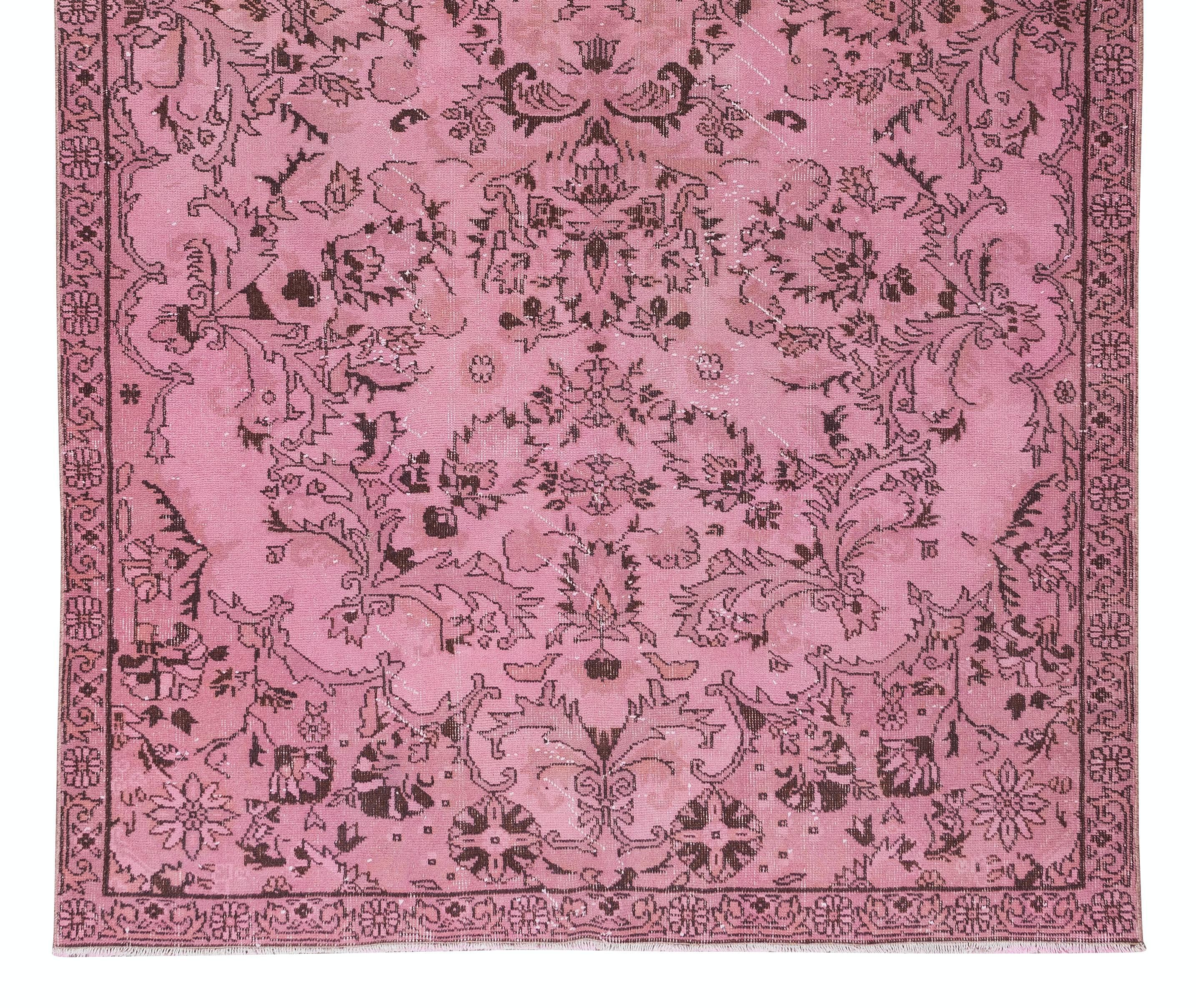 Hand-Knotted Handmade Anatolian Vintage Wool Rug in Pink with Floral Garden Design For Sale