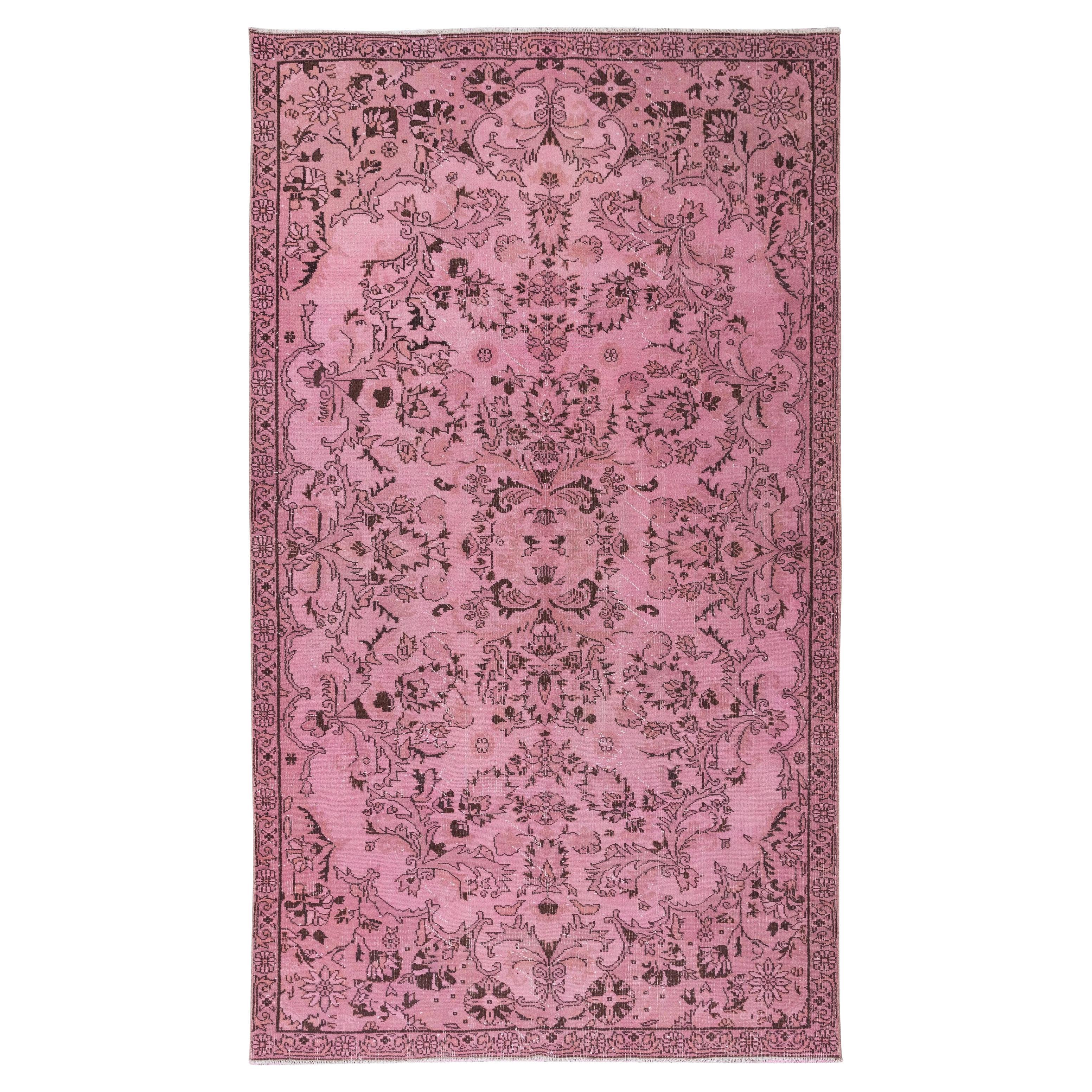 Handmade Anatolian Vintage Wool Rug in Pink with Floral Garden Design For Sale