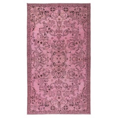Handmade Anatolian Vintage Wool Rug in Pink with Floral Garden Design