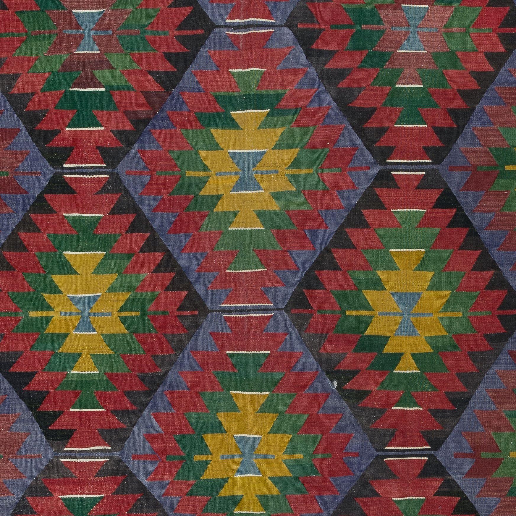 6x10.5 Ft Vintage Handwoven Turkish Kilim 'Flat Weave' with Geometric Patterns In Good Condition For Sale In Philadelphia, PA