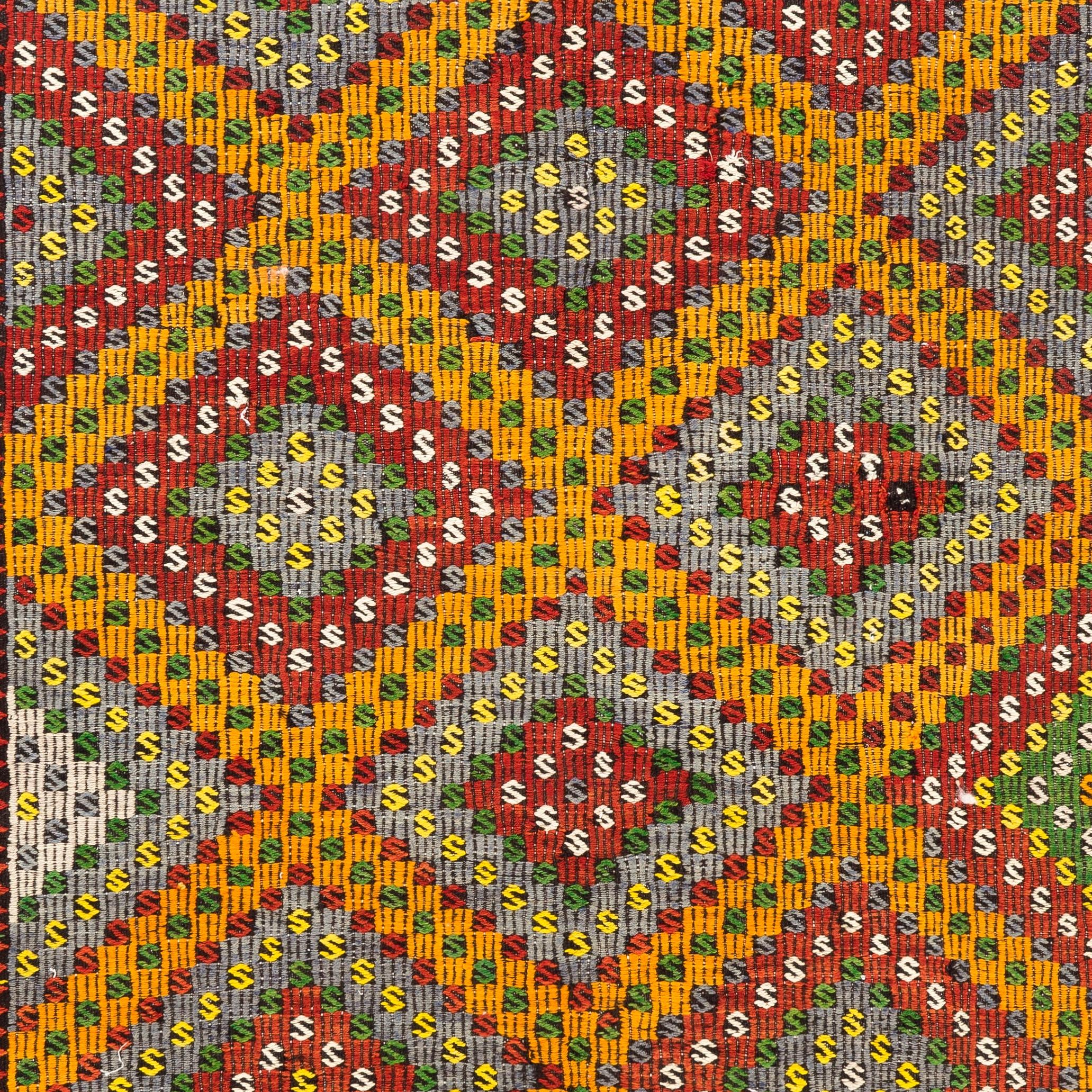 Hand-Woven 6x10.7 Ft Turkish Kilim in Red, Yellow, Green & Gray Colors. Dazzling Jijim Rug For Sale