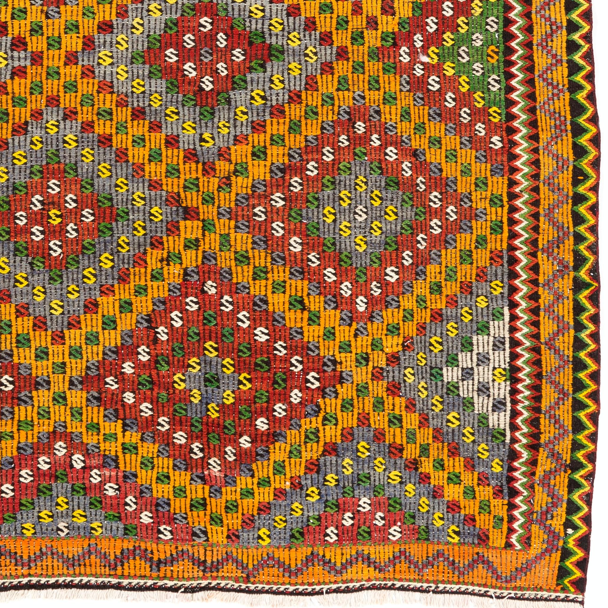 6x10.7 Ft Turkish Kilim in Red, Yellow, Green & Gray Colors. Dazzling Jijim Rug In Excellent Condition For Sale In Philadelphia, PA