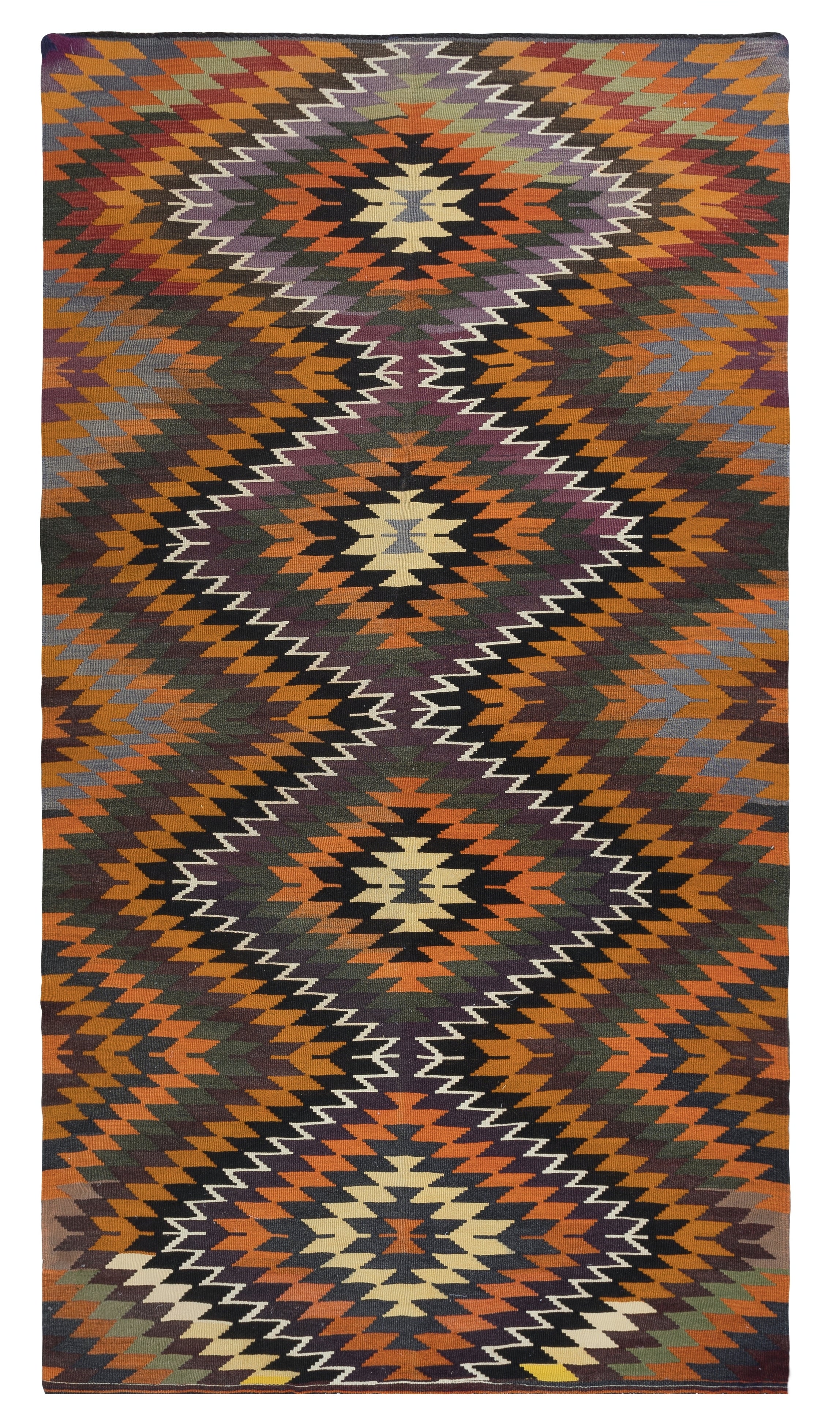 6x10.8 Ft Vintage Flat-Weave Kilim with Diamond Design Hand-Woven Turkish Rug