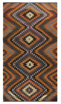 6x10.8 Ft Vintage Flat-Weave Kilim with Diamond Design Hand-Woven Turkish Rug