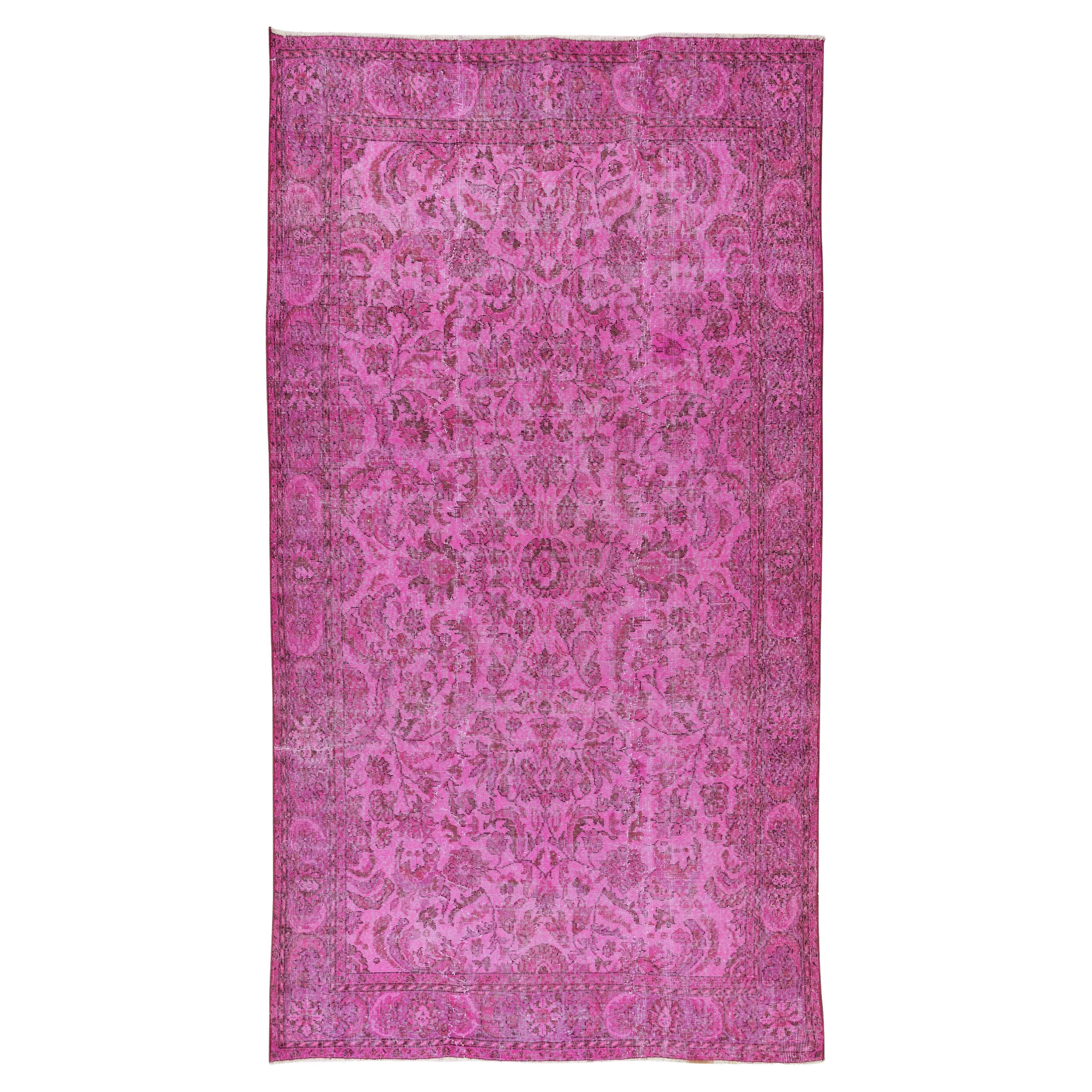 Handmade Turkish Vintage Rug Over-Dyed in Pink, Elegant Design Carpet