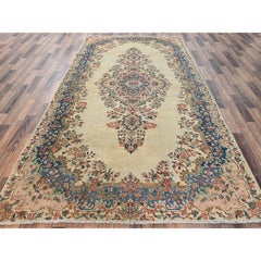 6'x11'5" Ivory Vintage Persian Kerman Hand Knotted Pure Wool Runner Clean Rug