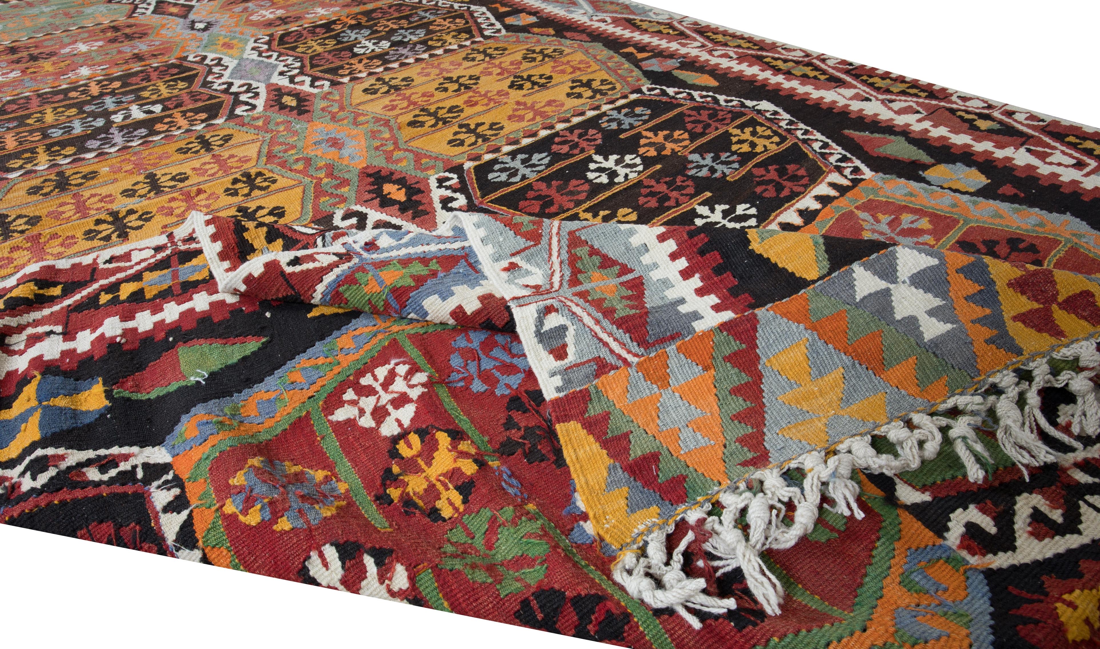 Hand-Woven 6x11.6 Ft Vintage Handmade Turkish Wool Kilim Runner, Flat-Weave Colorful Rug For Sale