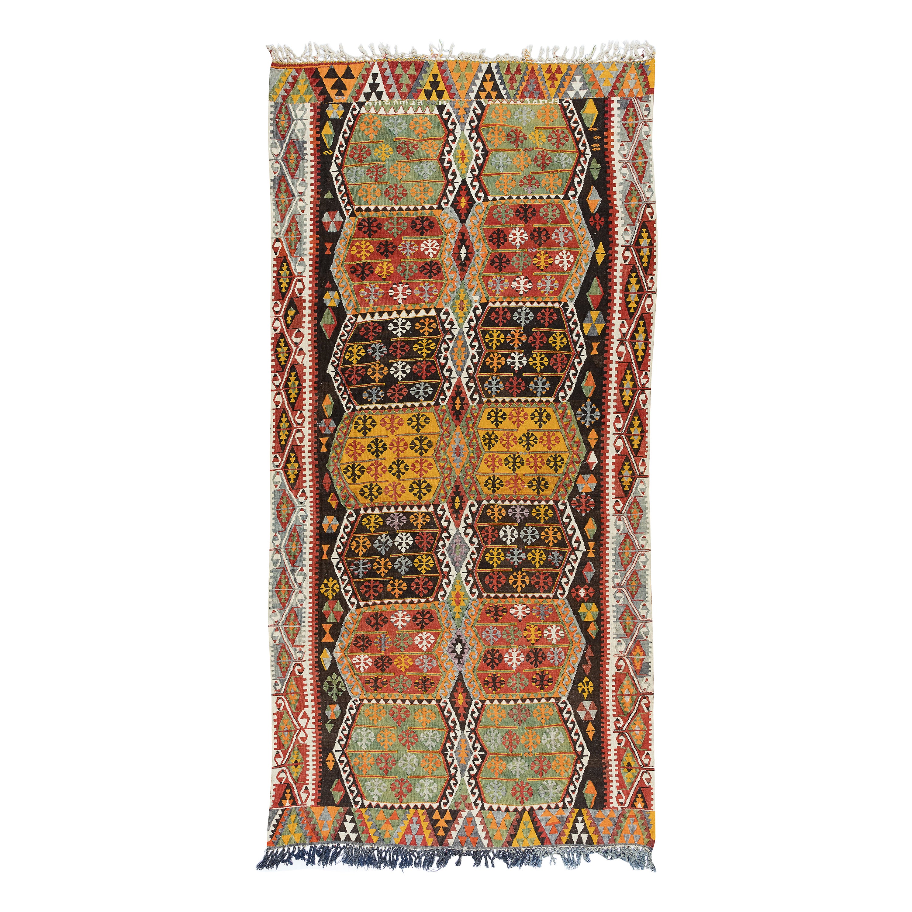 6x11.6 Ft Vintage Handgefertigter türkischer Kelim-Läufer aus Wolle, Flachgewebe, farbenfroher, bunter Teppich
