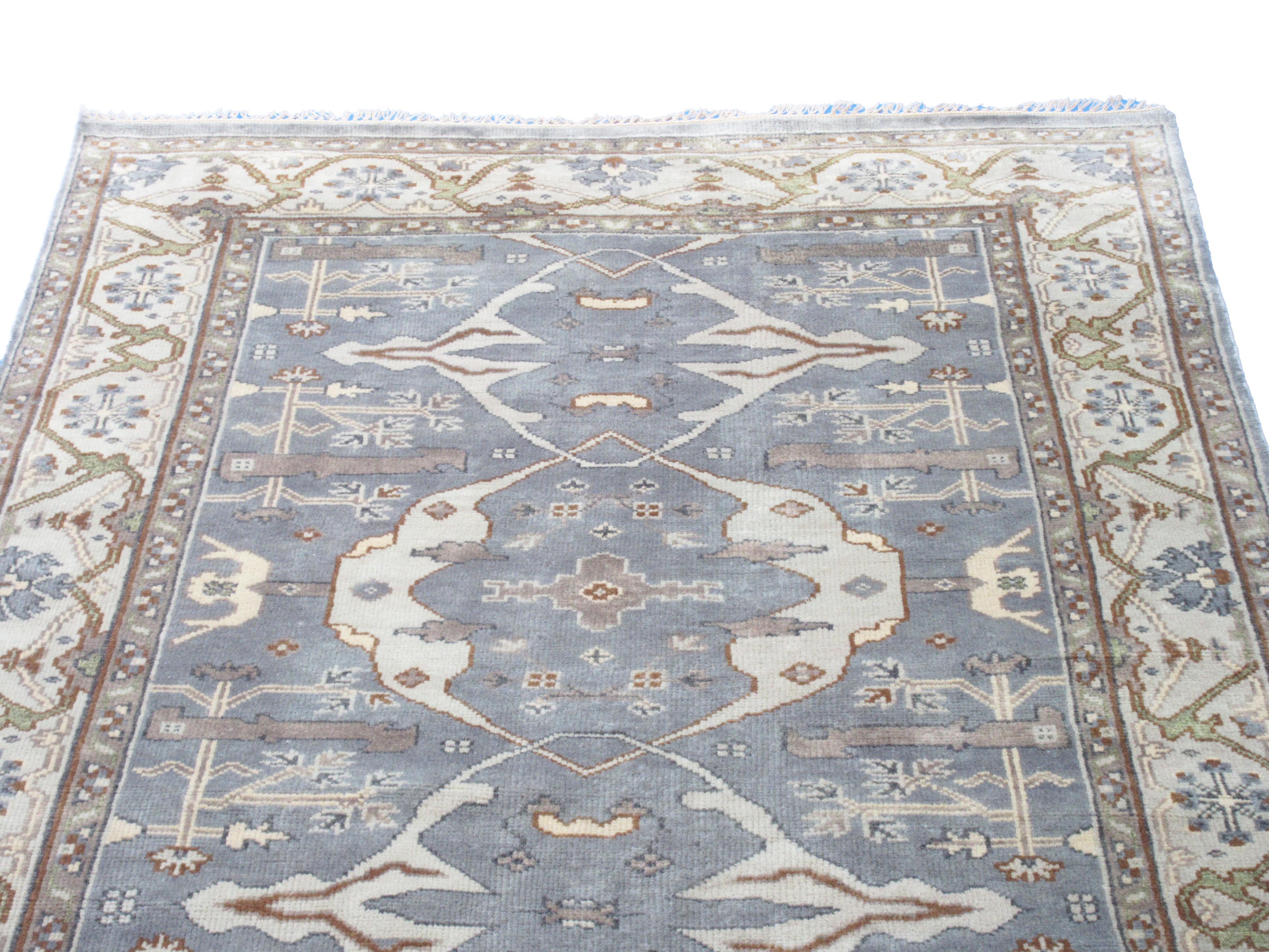 Hand-Knotted Gray Oushak Gallery Runner For Sale
