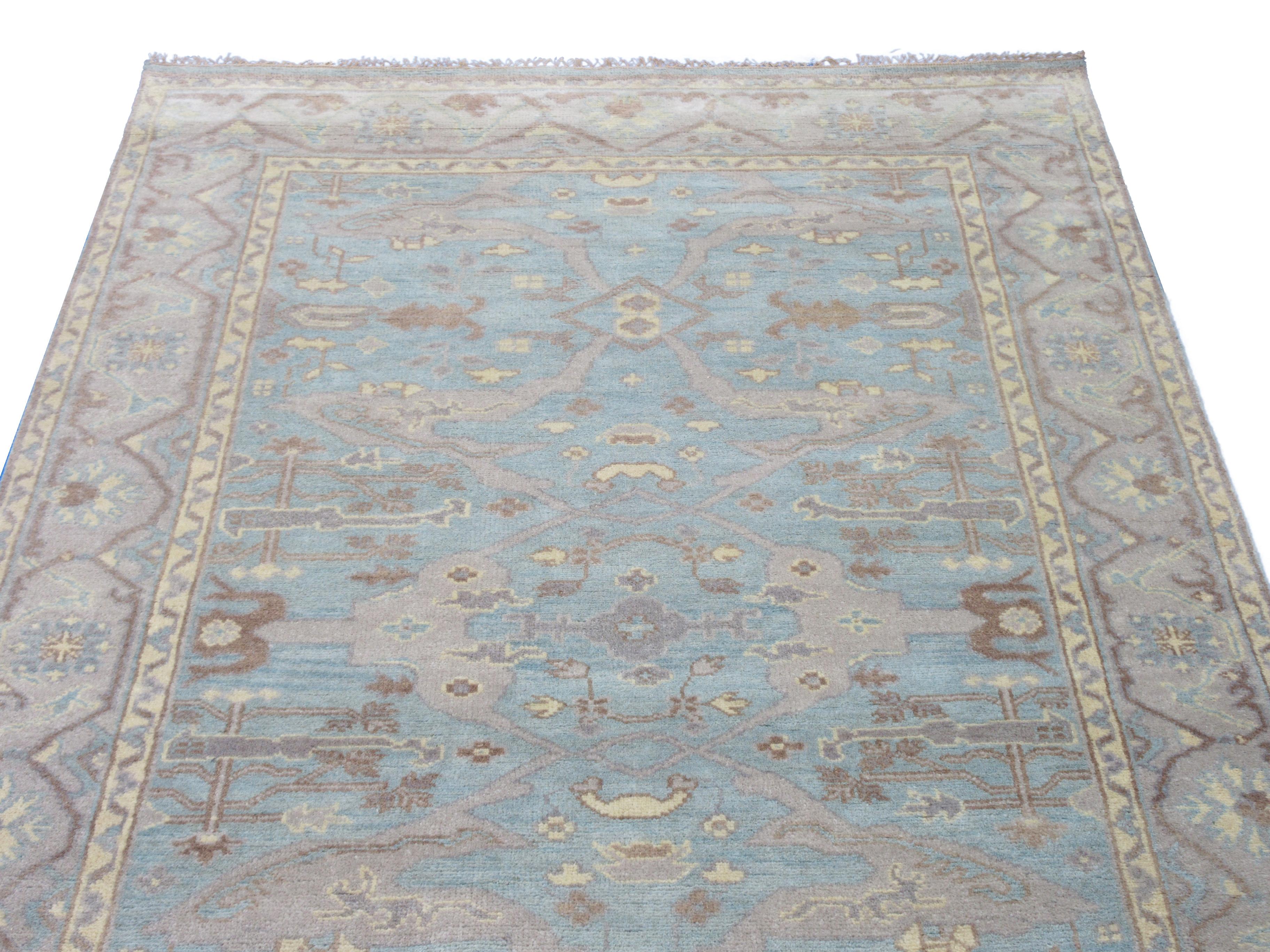 Hand-Knotted Light-Blue Oushak Gallery Runner For Sale