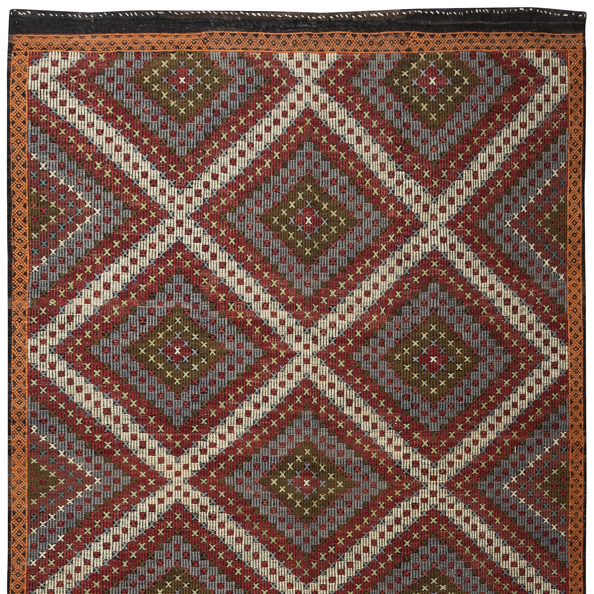 Hand-Woven 6x12.3 ft Vintage Turkish Wool Jajim Kilim, Embroidered Handwoven Bohemian Rug For Sale