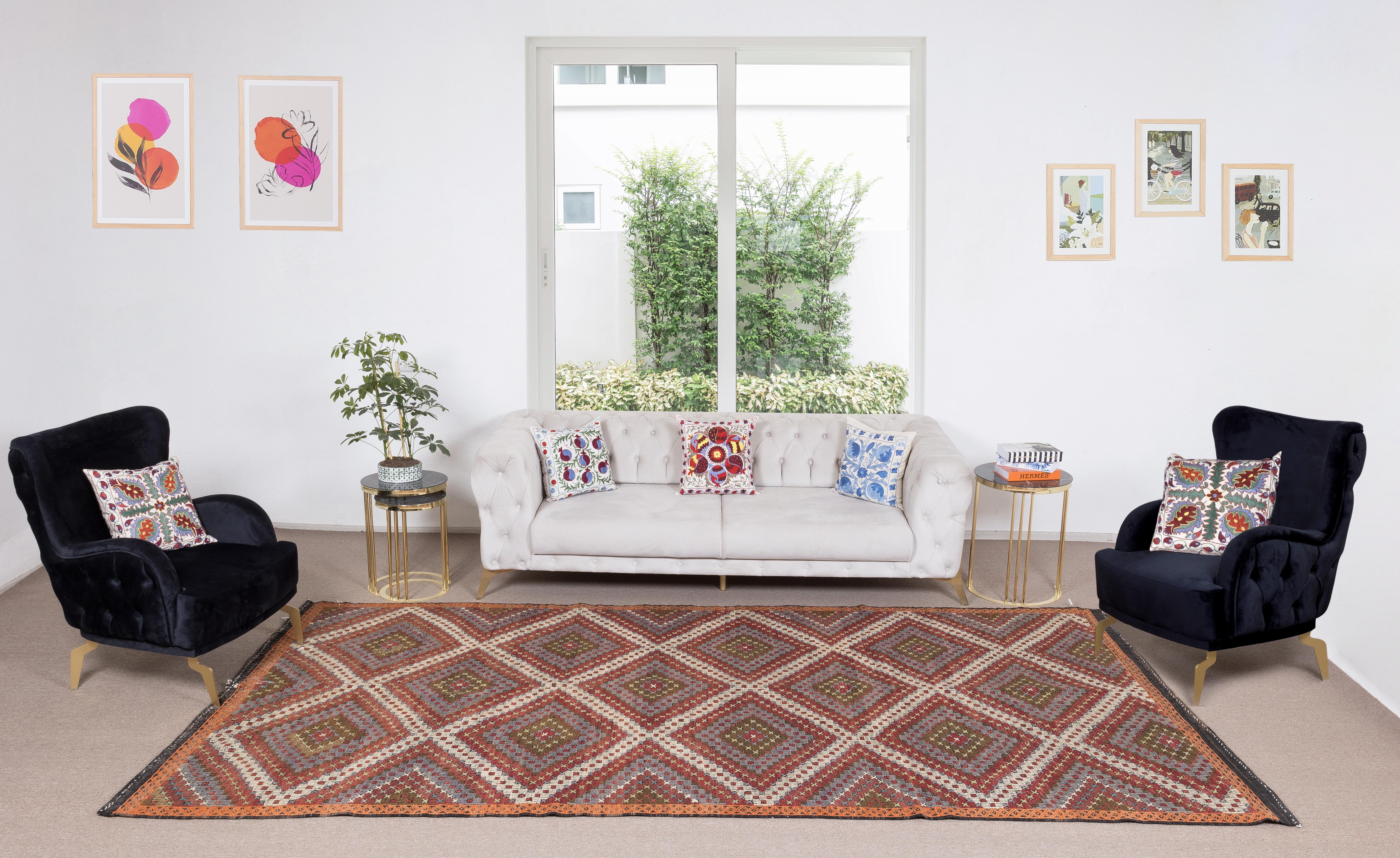6x12.3 ft Vintage Turkish Wool Jajim Kilim, Embroidered Handwoven Bohemian Rug For Sale 1