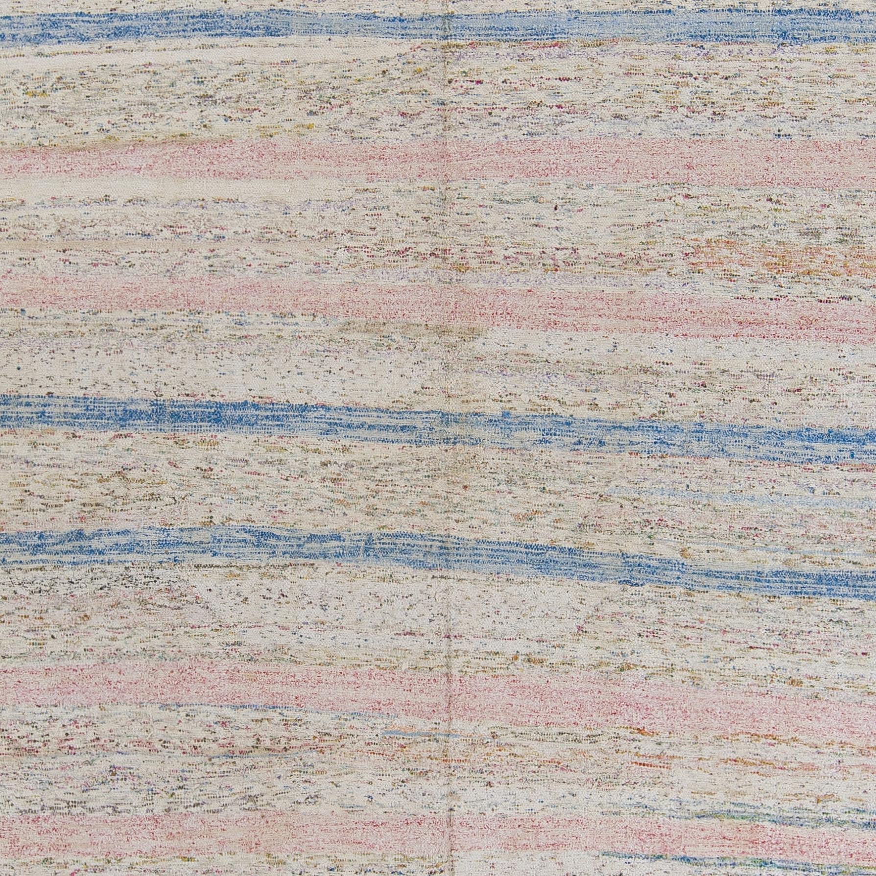 6x13.2 Ft Vintage Handgefertigter türkischer Kelim-Teppich „Flat-weave“ mit gestreiftem Design (Türkisch) im Angebot