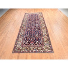 6'x13'9" Navy Blue Antique Persian Malayer Hand Knotted Pure Wool Runner Rug