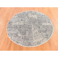 6'x6' Beige-Gray Erased Design Jacquard Hand Loomed Wool and Silk Round Rug