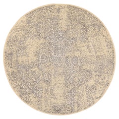 6'x6' Beige-Gray Erased Design Jacquard Hand Loomed Wool and Silk Round Rug