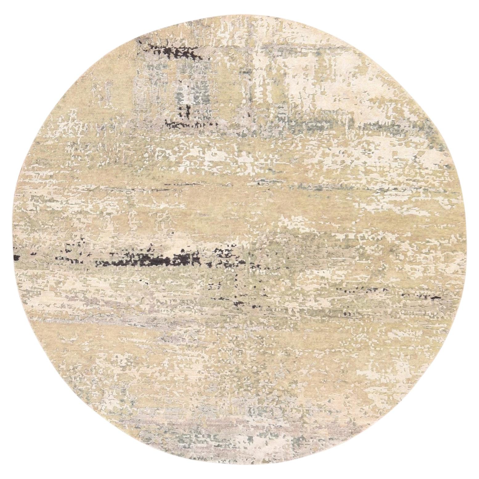 6'x6' Beige-Gray Modern Abstract Design Hand Knotted Wool & Silk Round Rug