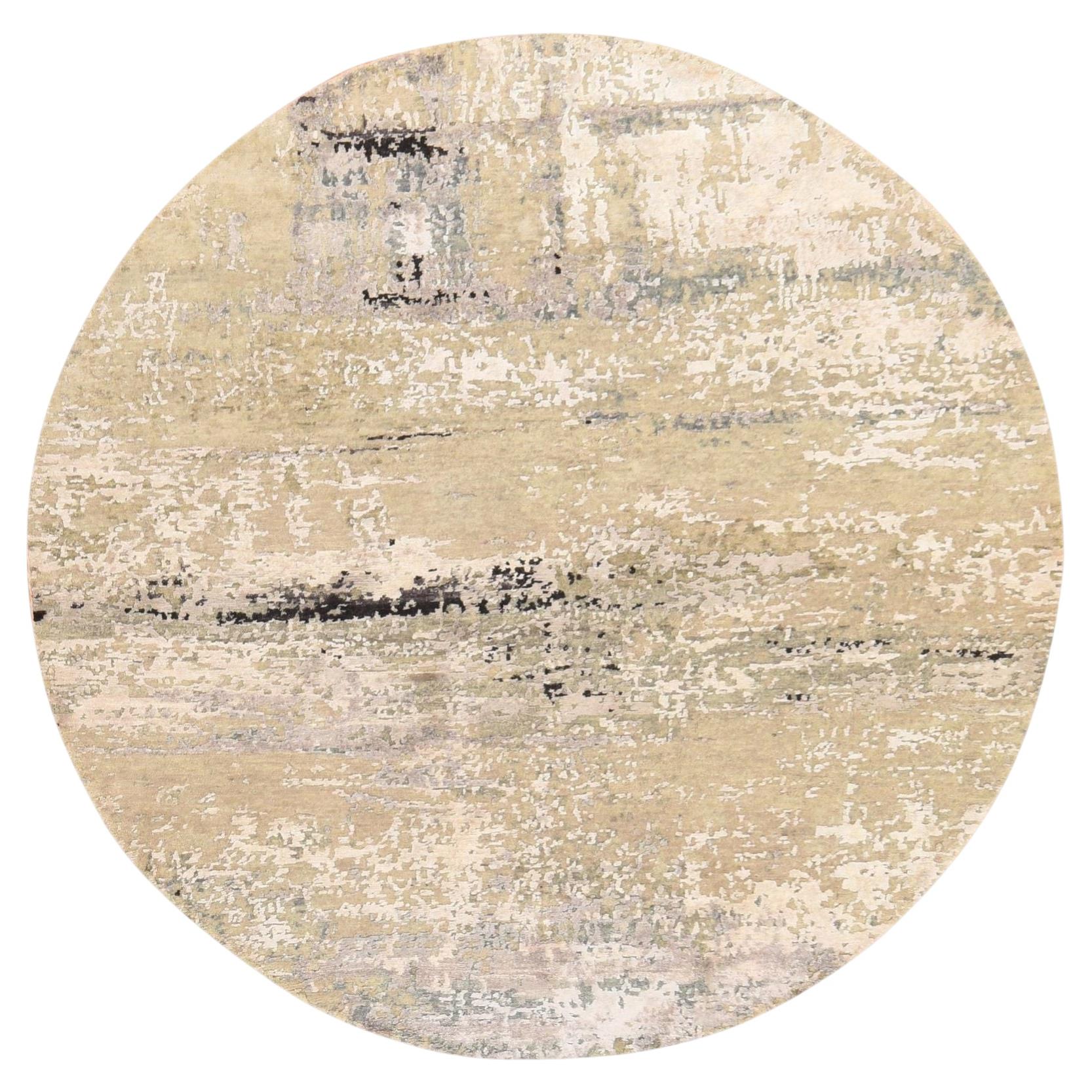 6'x6' Beige-Gray Wool & Silk Abstract Design Hand Knotted Hi-Low Round Rug For Sale