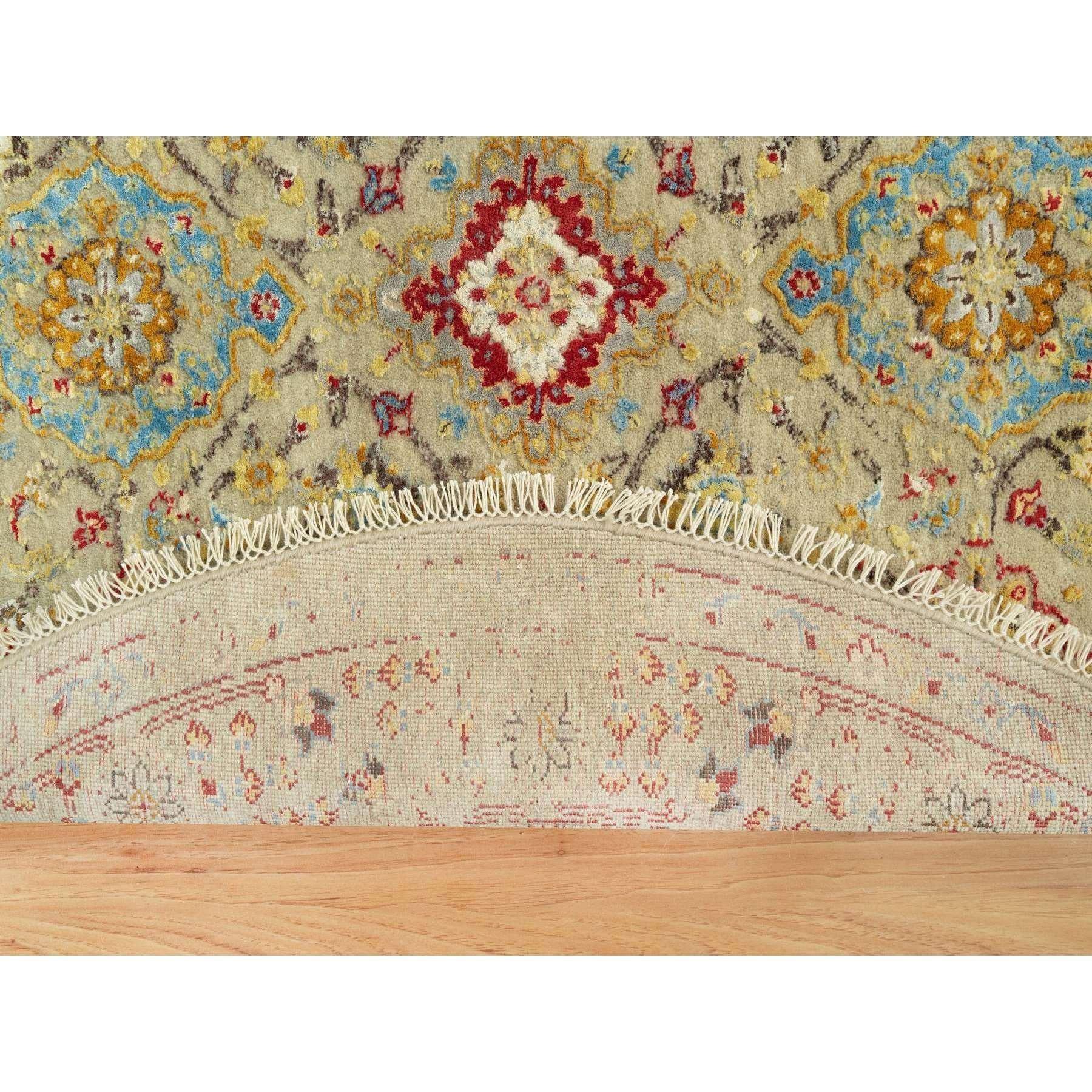 Indian 6'x6' Beige The Sunset Rosettes with Soft Colors Hand Knotted Wool and Silk Roun For Sale