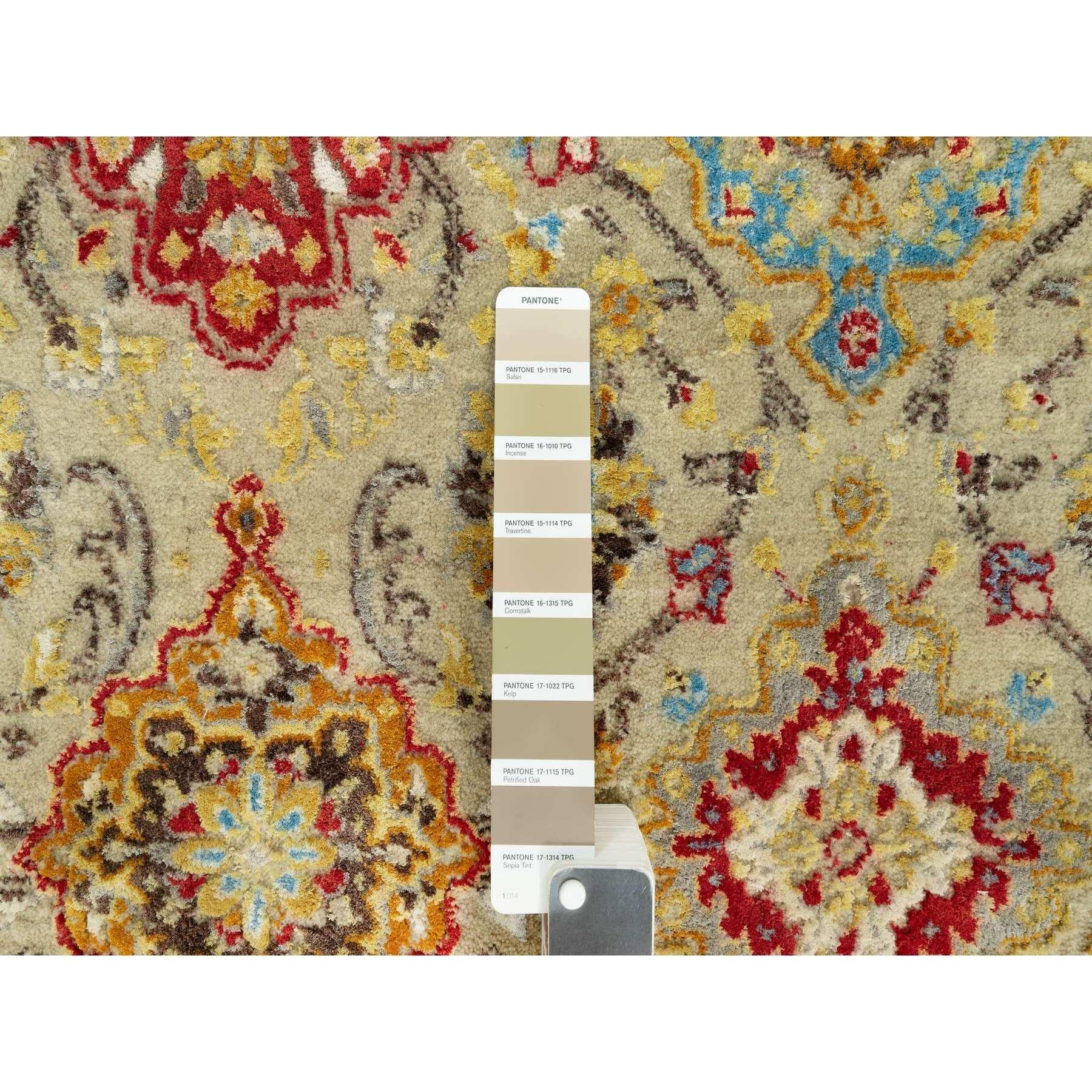 Hand-Knotted 6'x6' Beige The Sunset Rosettes with Soft Colors Hand Knotted Wool and Silk Roun For Sale