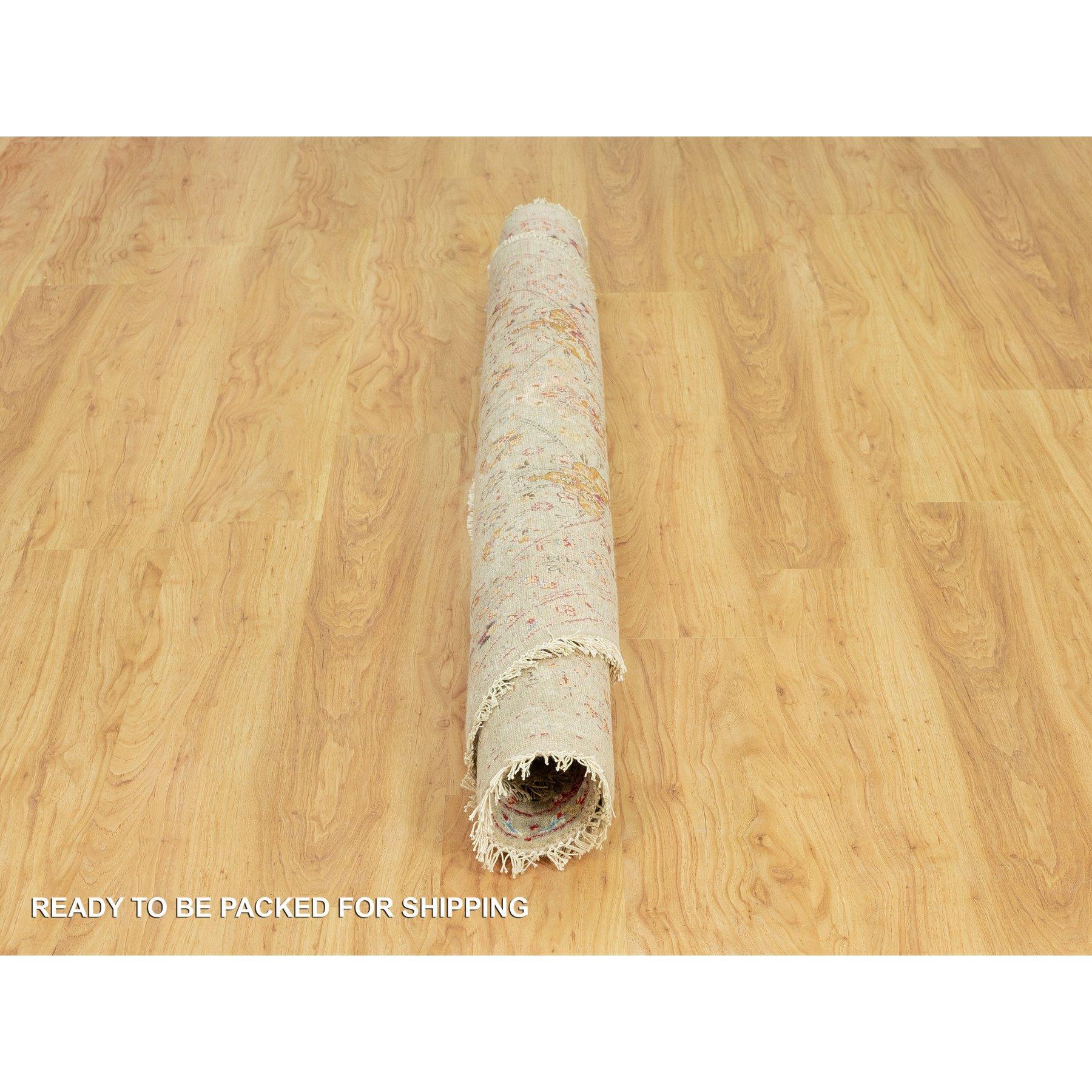 Contemporary 6'x6' Beige The Sunset Rosettes with Soft Colors Hand Knotted Wool and Silk Roun For Sale